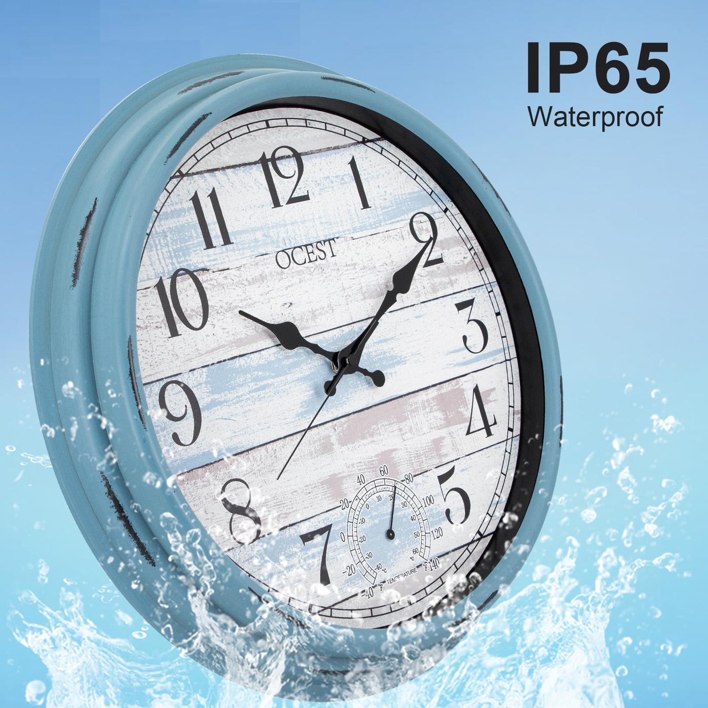 OCEST 16 Inch Garden Clocks Outdoor Waterproof, Large Wall Clock with Thermometer, Silent Non-Ticking Battery Operated Decor for Patio Pool Porch Garden