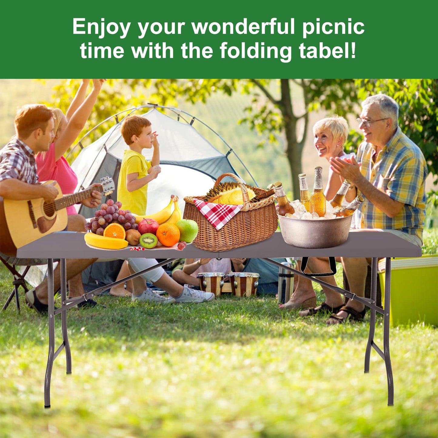 Rainberg 6ft Heavy Duty Folding Table, Tabletop & Sturdy Metal Frame, Foldable Table with Handle, Waterproof, Portable, & Easy Assembly, Ideal for Parties, BBQ, Camping, Beach, Indoor & Outdoor Use