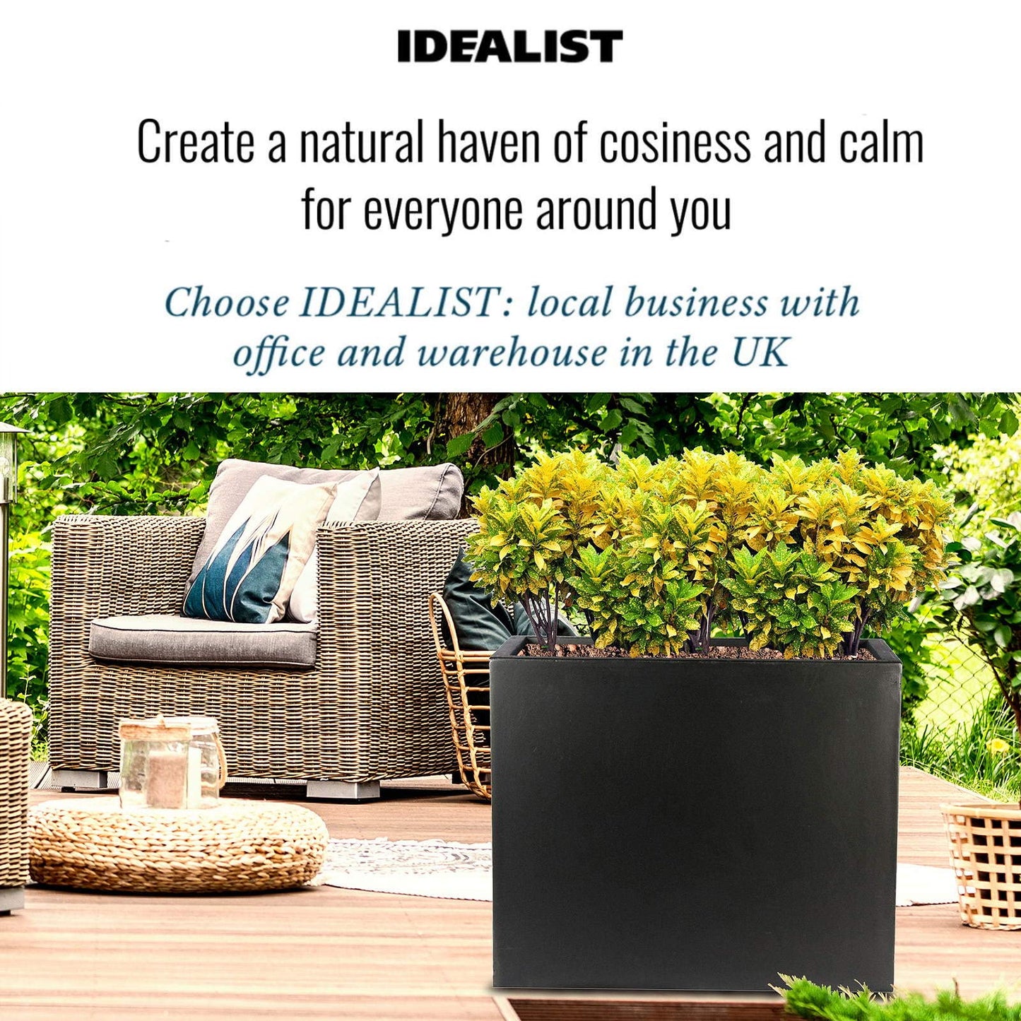 IDEALIST 50cm Trough | Black Reinforced Stone Rectangular Planter | Garden Plant Pots with Drainage Holes L50 W20 H40 cm, 23 litres