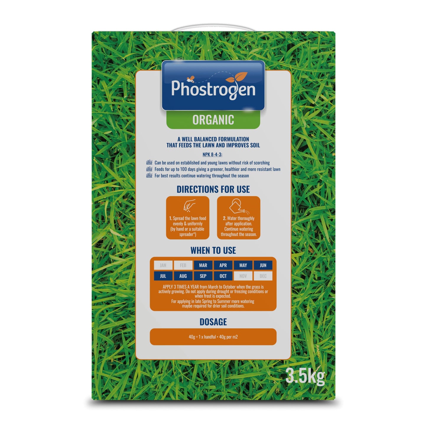 Phostrogen Organic Lawn Food, 3.5kg - Long Lasting Balanced Organic Lawn Feed - for a Thicker, Greener and More Durable Lawn - Growing Season and Autumn Feed - Lawn Nutrition - Garden Care