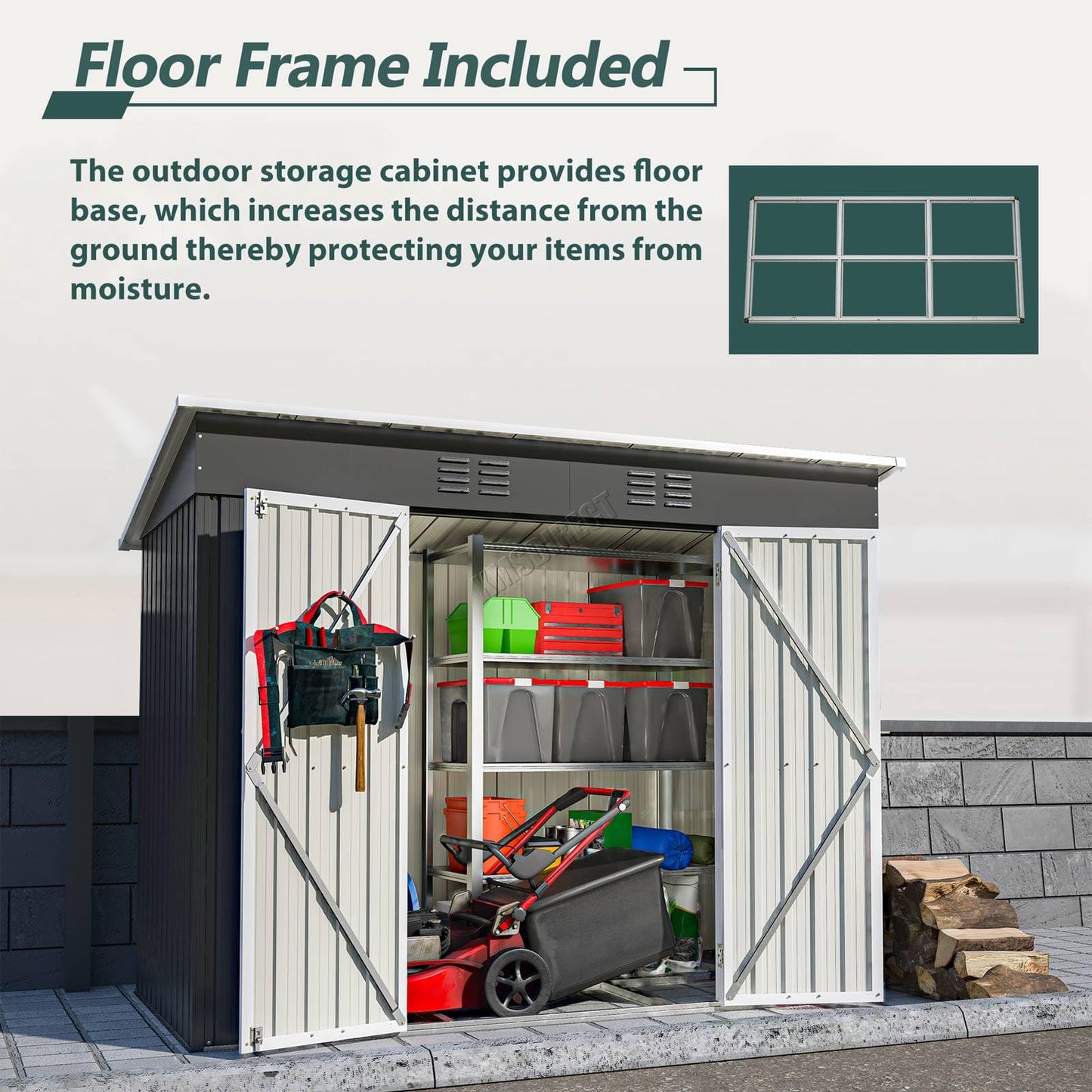 BIRCHTREE Garden Shed Metal Pent Roof 4FT X 8FT Outdoor Storage With Free Foundation Anthracite and White