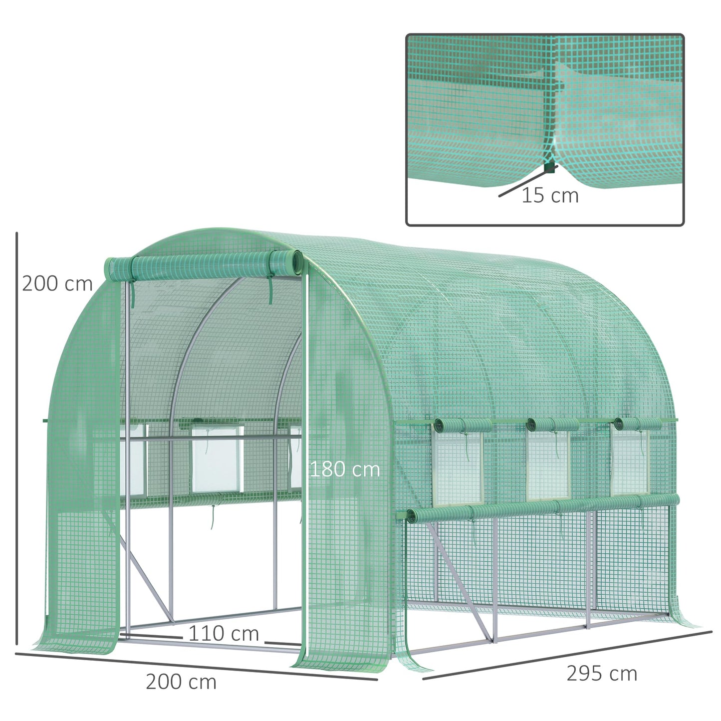 Outsunny 3 x 2 x 2m Polytunnel Greenhouse with Roll-up Sidewalls, Door and 6 Mesh Windows, Walk In Green House with UV-resistant PE Cover, Green