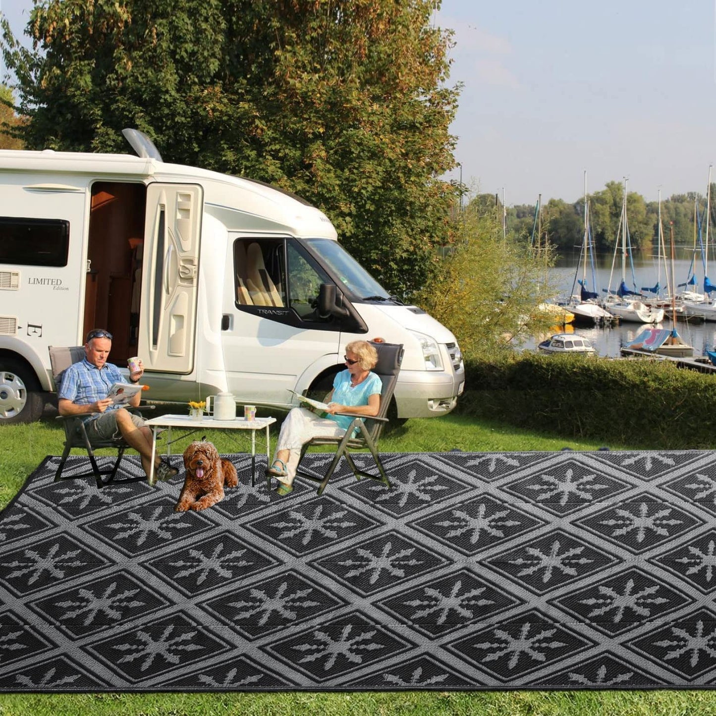 Enipate Outdoor Rugs for Patios Waterproof, 4x6ft Reversible Easy Cleaning Garden Rug, Portable Comfortable Woven Geometric Outdoor Carpet (Black & Grey)