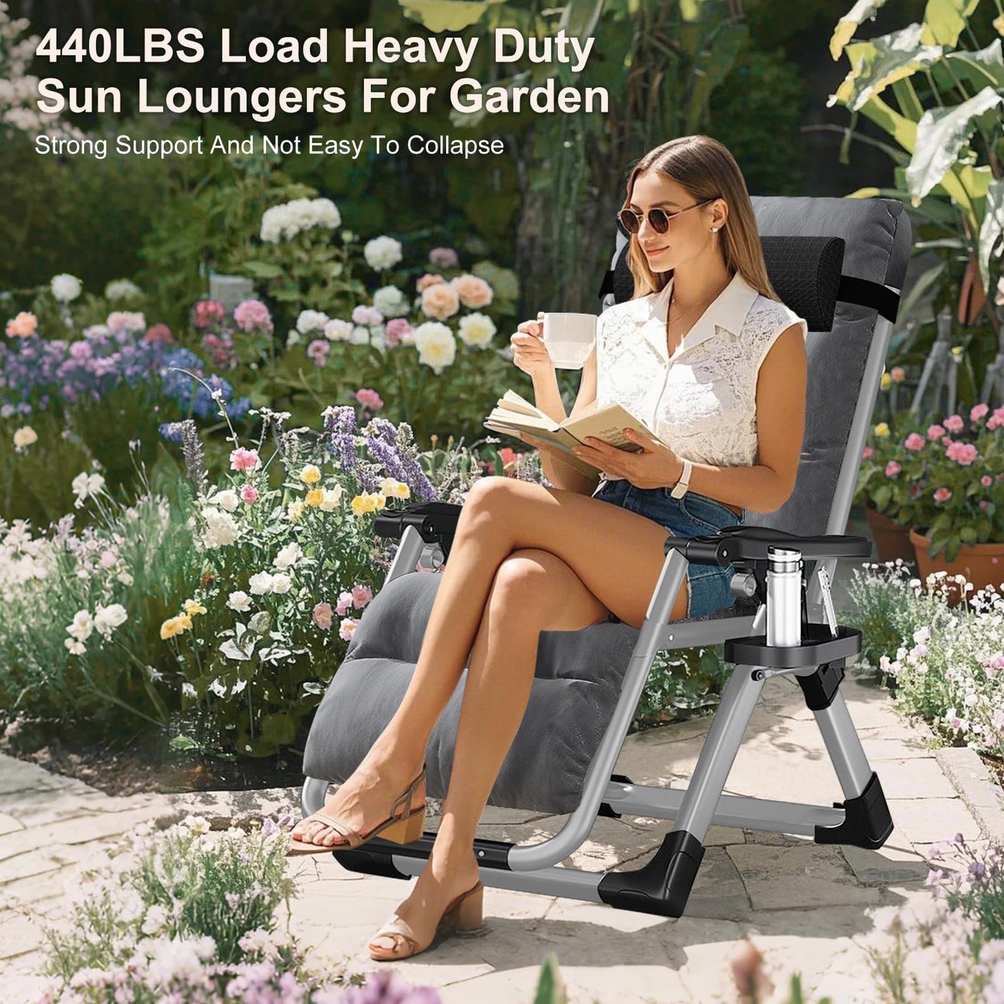 Obqer Folding Zero Gravity Chair, 440LBS Heavy Duty Sun Lounger, Adjustable Garden Recliner with Cushion and Side Holder, Extra Wide, No Assembly Required, Sun Loungers for Garden Terrace Beach Pool