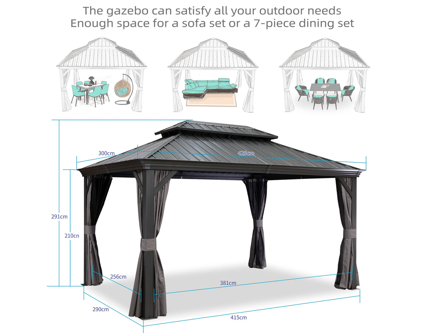 PURPLE LEAF 3m x 4.25m Hardtop Gazebo Double Layer Roof with Ventilated Top and Built-in Drainage System Equipped with Curtains and Nettings Modern Elegant Design for Garden