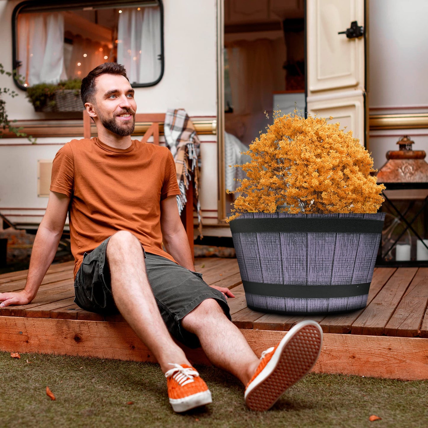 SG Traders Large Half Barrel Cask Planter, Flower Pots Outdoor Garden Planters, Indoor Plant Pot with Drainage Holes, Plastic, Stone Grey with Black Straps, 40cm