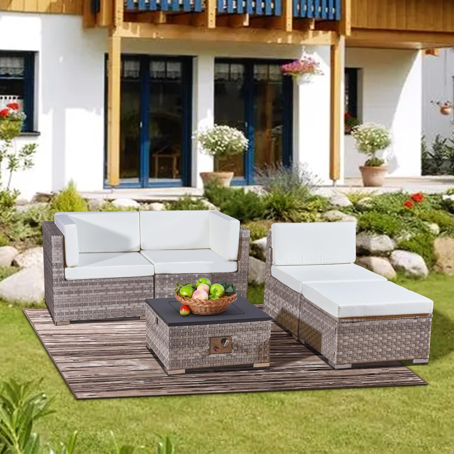 Aweather Rattan Garden Furniture Set with Fire Pit Table 5 Pieces Outdoor Sectional Sofa Set, CSA Certification, All Weather Wicker Patio Conversation Sets for Garden, Poolside, Backyard