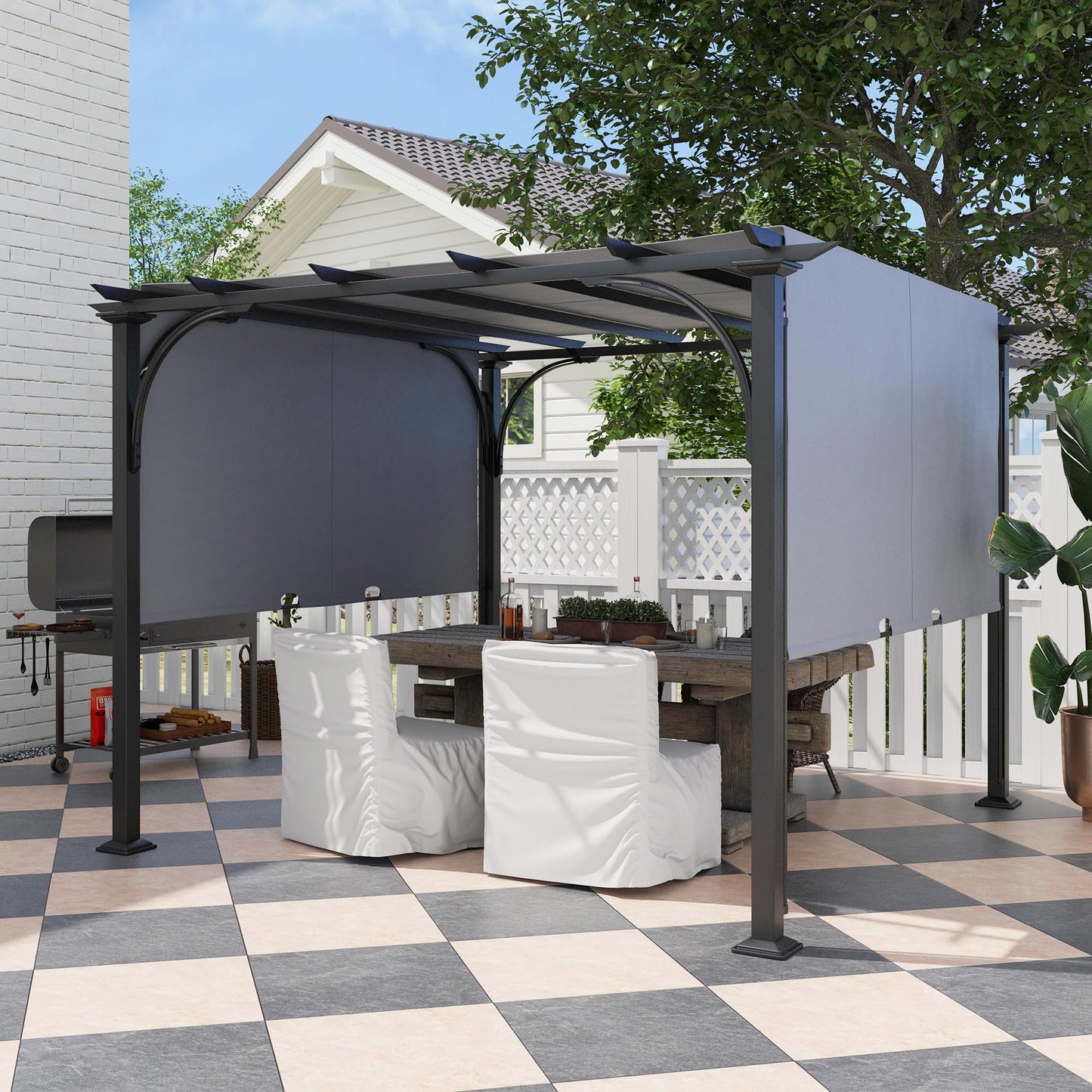 Outsunny 3 x 3(m) Garden Pergola, Outdoor Pergola Gazebo with Adjustable Canopy, Sun Shade Patio Canopy Shelter, Grey