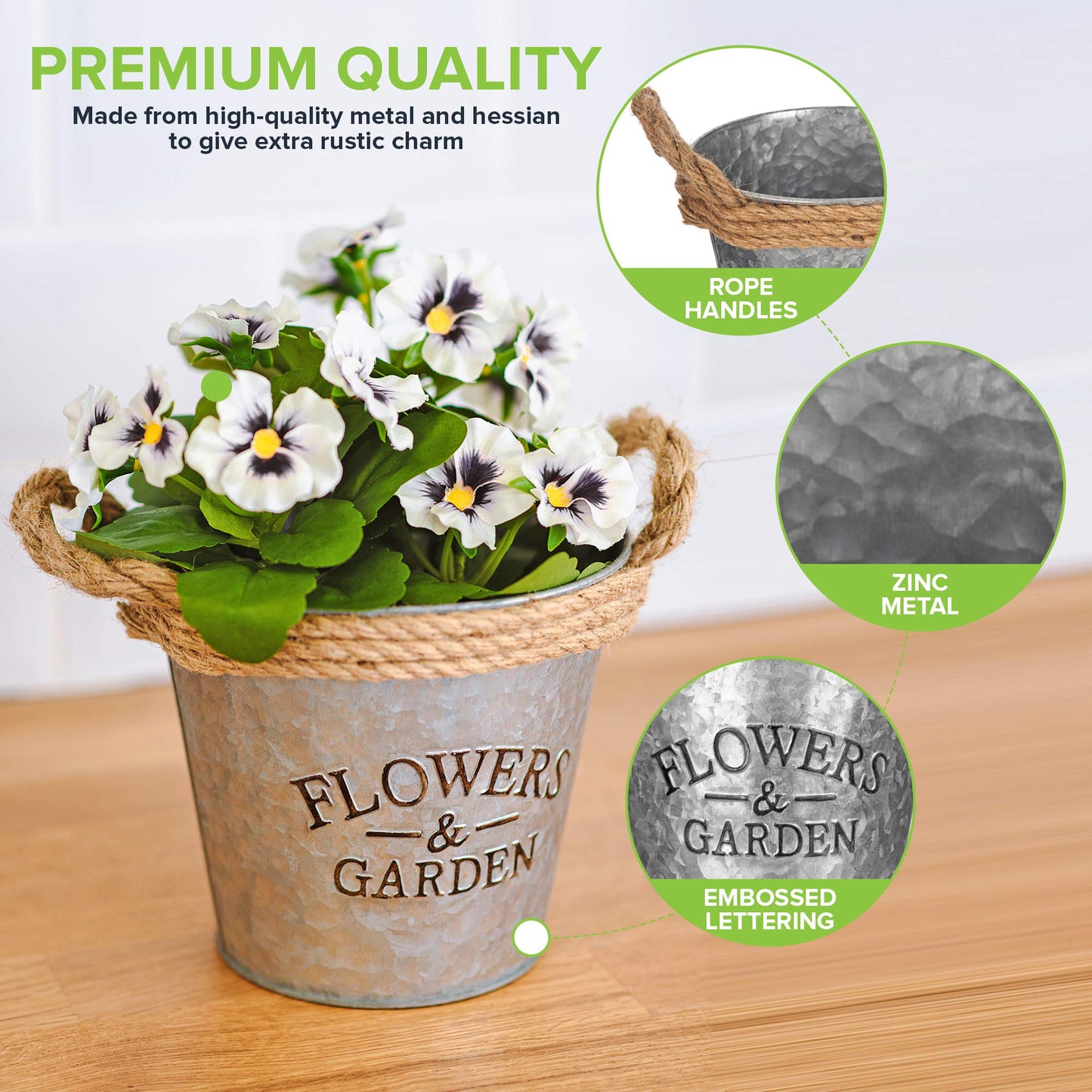LIVIVO Zinc Plant Pot with Anti-Slug Cotton Rope Handles and 'Flowers & Garden' Design for Outdoor or Indoor Garden, Flower Pot, Herb Garden or Avocado Vase (Set of 3, Round)