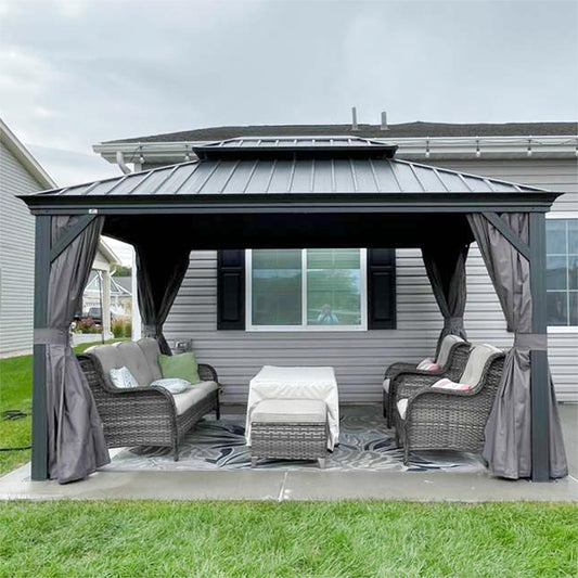 PURPLE LEAF 3m x 4.25m Hardtop Gazebo Double Layer Roof with Ventilated Top and Built-in Drainage System Equipped with Curtains and Nettings Modern Elegant Design for Garden