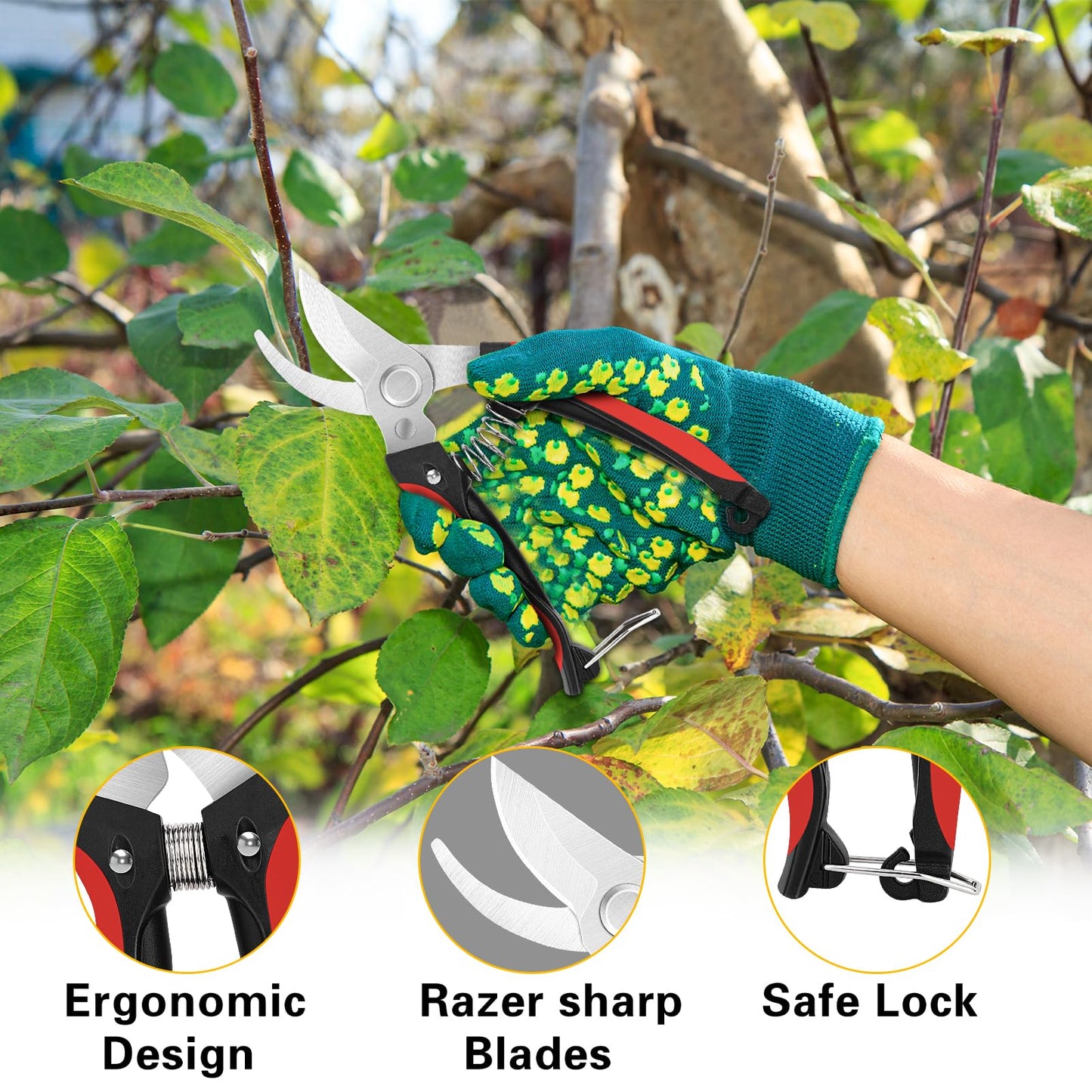 Chilymes Garden Secateurs, 5PCS Pruning Shears Set, Stainless Steel Sharp Blade, Professional Gardening Pruning Hand Tools Scissors Kit with Storage Bag