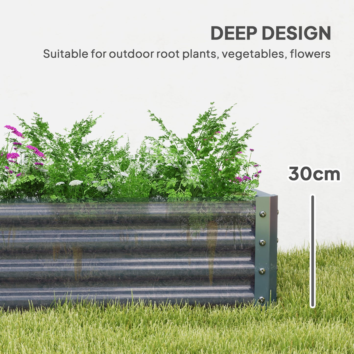 Outsunny Galvanised Raised Garden Bed, 180 x 90 x 30cm Raised Bed with Reinforcing Bars, Outdoor Raised Planter with Open Bottom for Vegetables, Flowers, Herbs, Silver