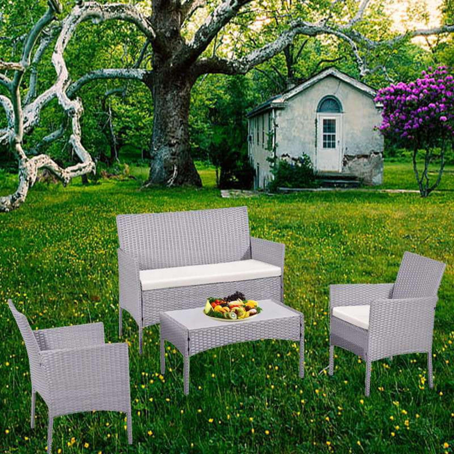 Mega Deals 4 Piece Rattan Garden Furniture Set | Outdoor Furniture Set | Patio table and chairs garden table set | Ideal for Pool Side, Balcony, Garden, Outdoor and indoor (Grey) (4-PC-Rattan)