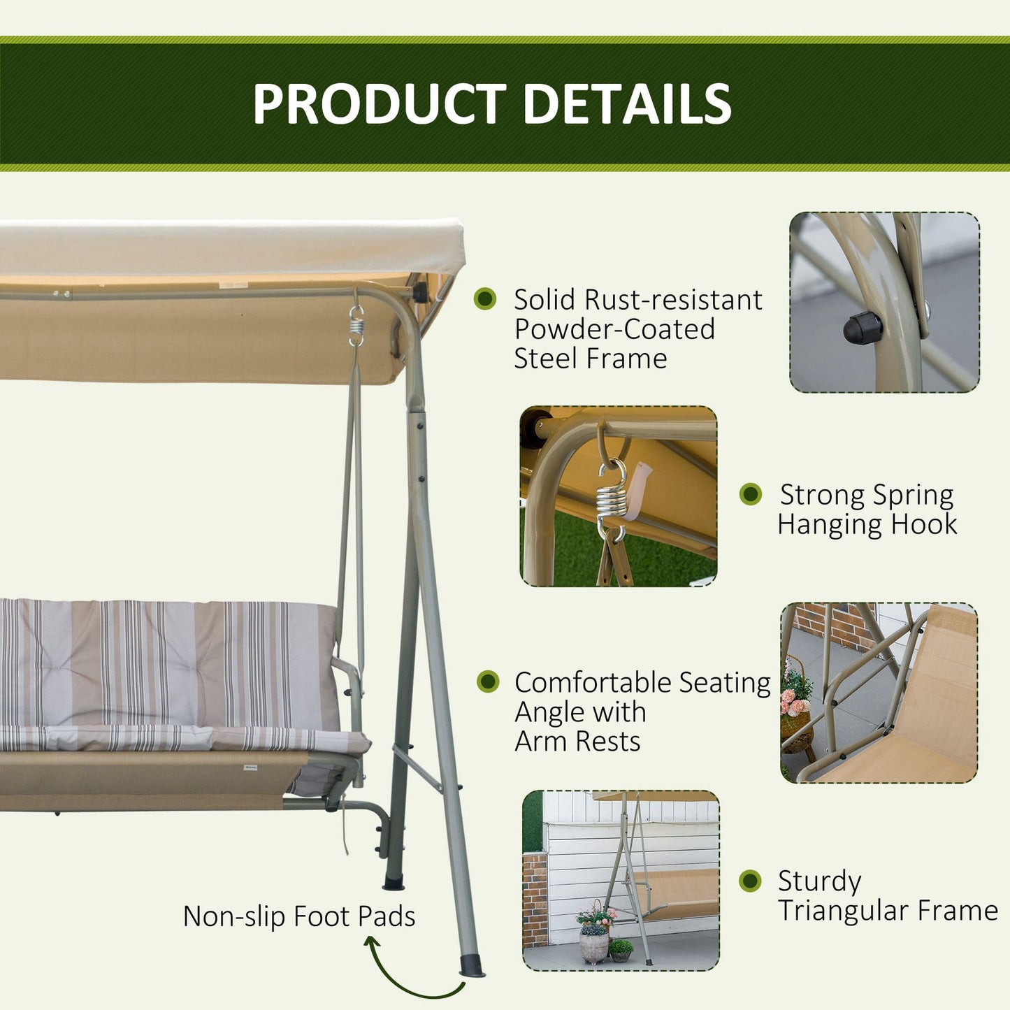 Outsunny 3 Seater Garden Swing Chair Patio Swing Bench with Tilting Canopy, Removable Cushion, Light Brown Top, Brown