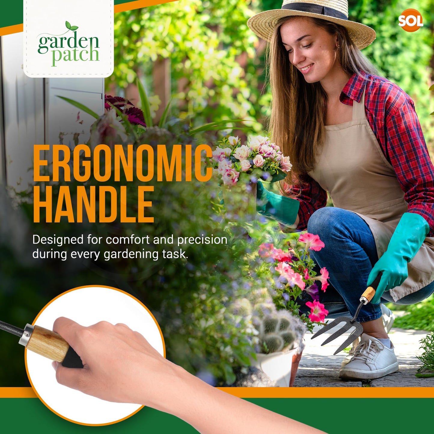 SOL 2pk Heavy Duty Garden Fork, 34.5cm Garden Hand Fork with Wooden Handle and Rubber Grip - Durable, Lighweight Design for Multi-Purpose Weeding and Planting Tool, For Gardeners of All Skill Levels