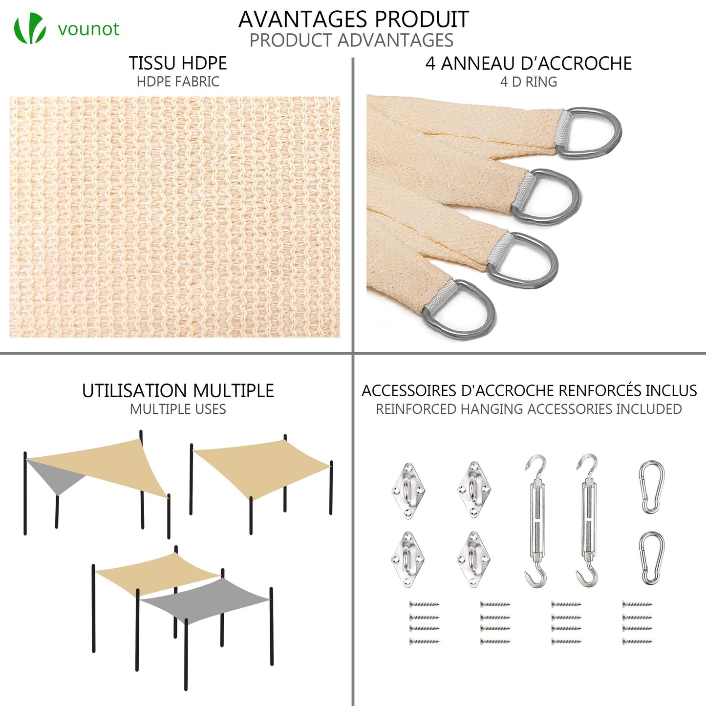 VOUNOT® Sun Shade Sail Rectangle 3m x 2.5m with Fixing Kit, 95% UV Block Breathable HDPE Awning, Sunscreen Canopy for Outdoor Garden Patio Lawn, Ivory