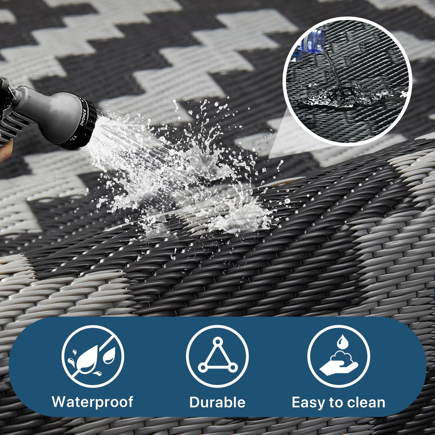 GENIMO Outdoor Rug Garden Rugs Waterproof Reversible Recycled Outdoor Carpet Washable UV Resistant Modern Area Rugs for Patios, Picnic, Backyard, 120 * 180cm, Black & Grey