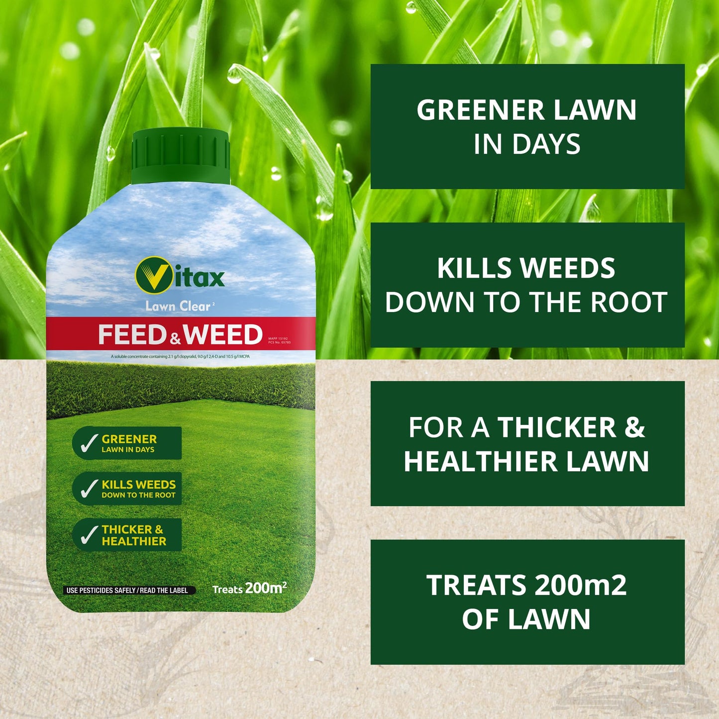 Vitax Feed & Weed, Dual Purpose Lawn Feed And Weed Killer, Concentrated, Easy To Use, Kills Clover, Buttercup, Dandelion And Daisy, Promotes A Green And Healthy Lawn- Treats 200 Sq.M