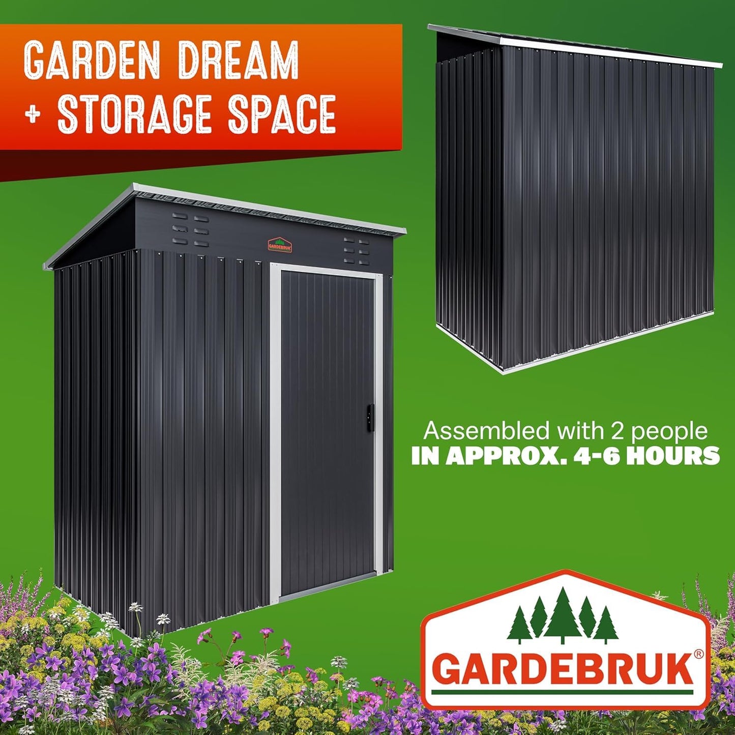 GARDEBRUK® Medium 5x3' Metal Tool Shed Garden Storage | 1.5m² | Pent Roof | 185x165x90cm | Sliding Door | Galvanised Steel Garden Equipment Utility Log Coal Bunker Storage | Anthracite Grey