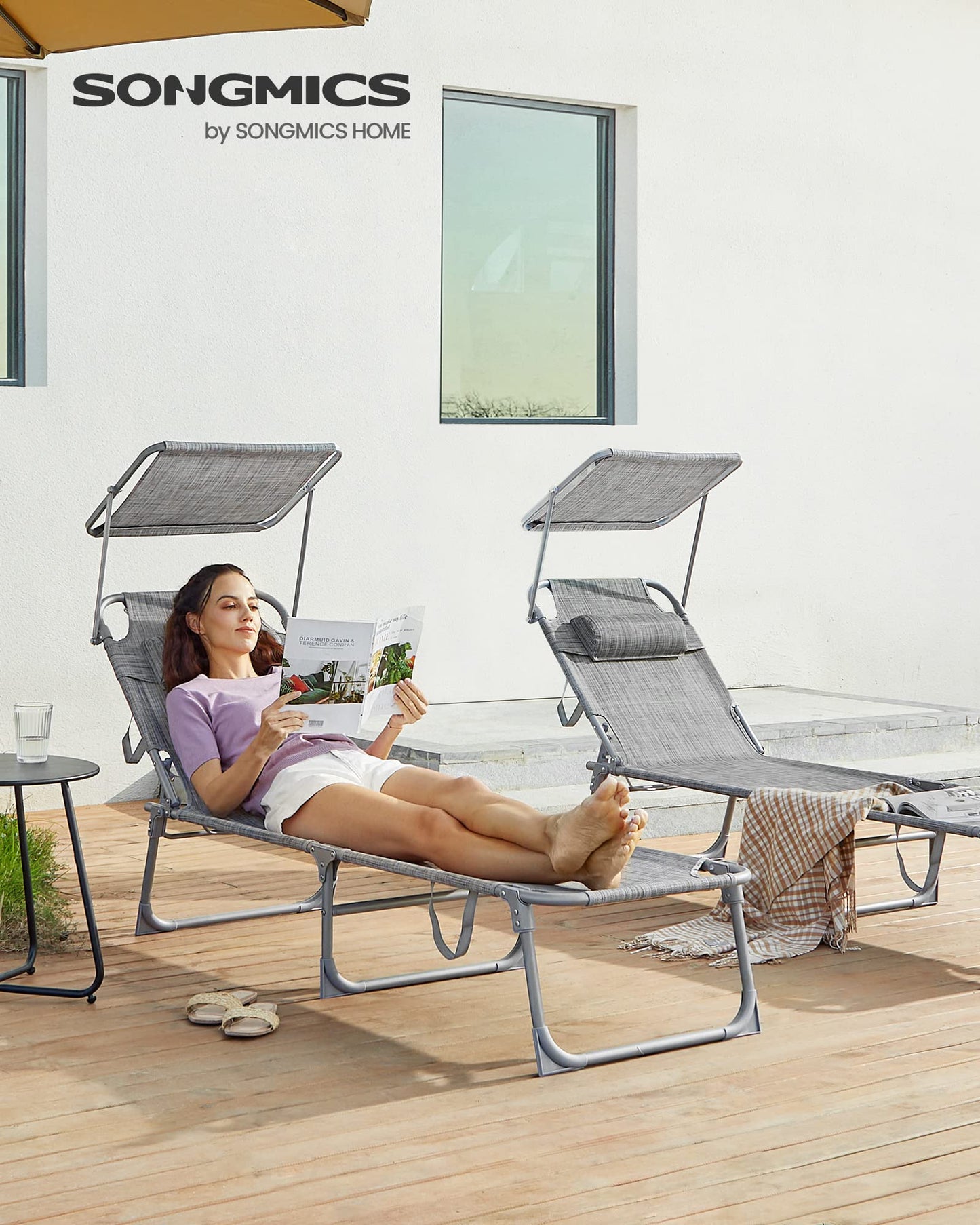 SONGMICS Sun Lounger, Deck Chair Folding, Sunbed, 193 x 53 x 29 cm, Max. Load 150 kg, with Sunshade Headrest Adjustable Backrest, Reclining Sun Chair for Terrace Pool Garden, Greige GCB19T