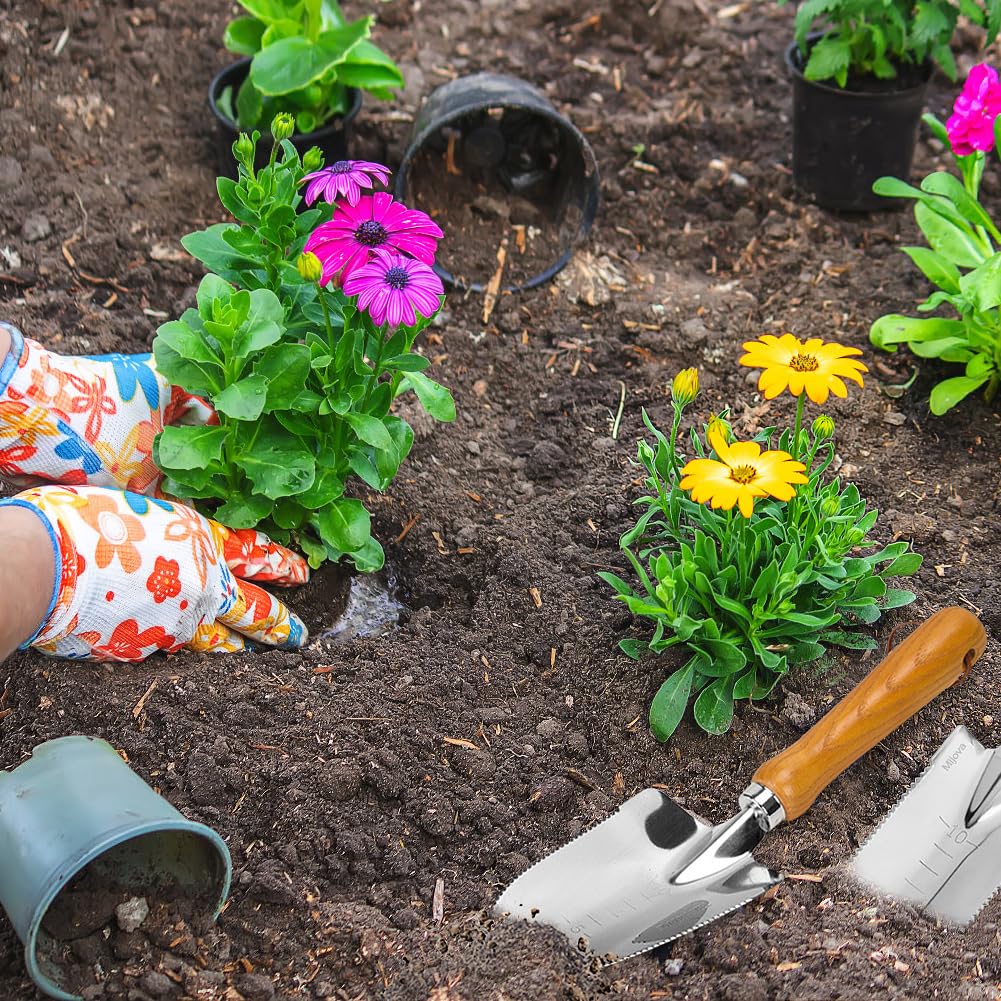 Garden Trowel, Hand Trowels Shovel with Measuring Depth Mark, Ergonomic Wood Grain Handle, Stainless Steel Gardening Tool for Planting, Weeding, Transplanting and Smoothing Soil (Trowels-1)