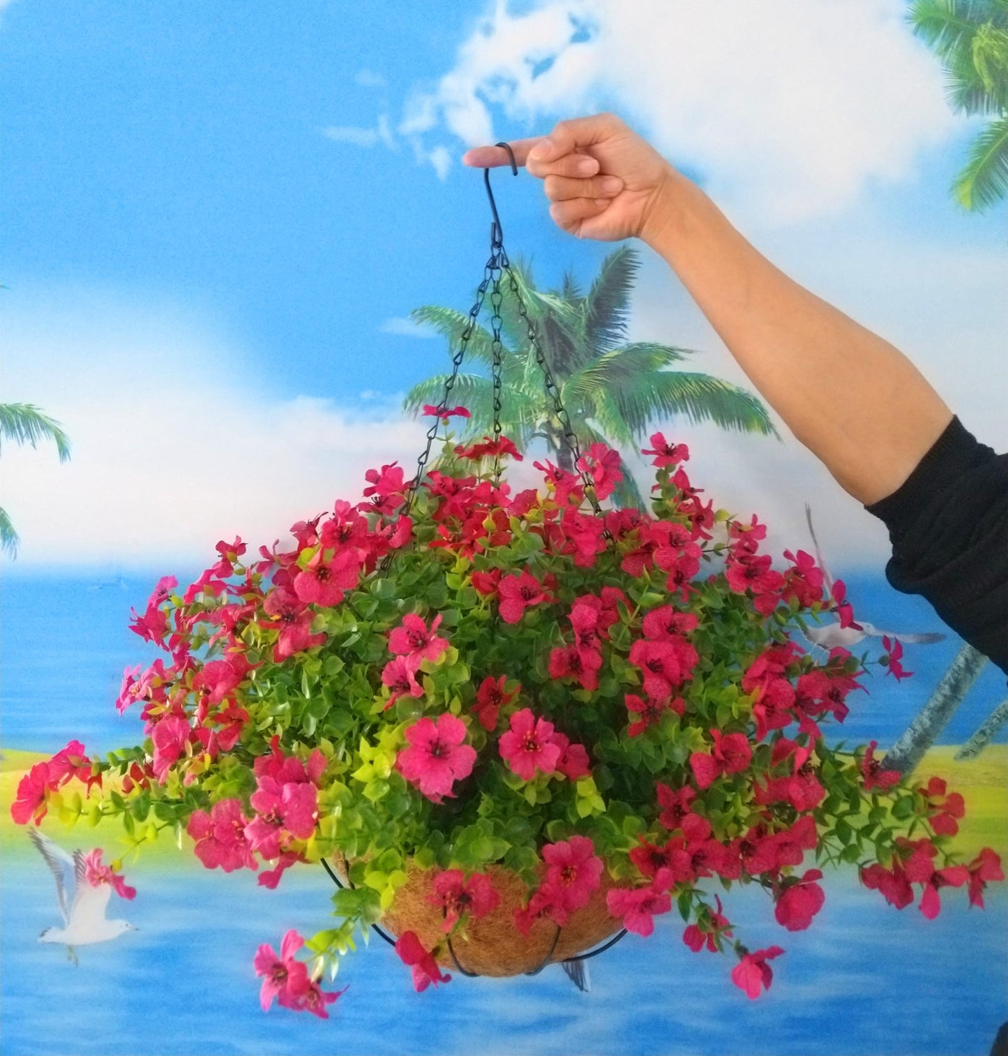 Home Decoration Silk Fabric Fake Flowers DIY Chain Hanging Basket Parlor Garden Wedding Ornaments Cute Pink Artificial Flower Eucalyptus Magnolia (Pink- Big basket)