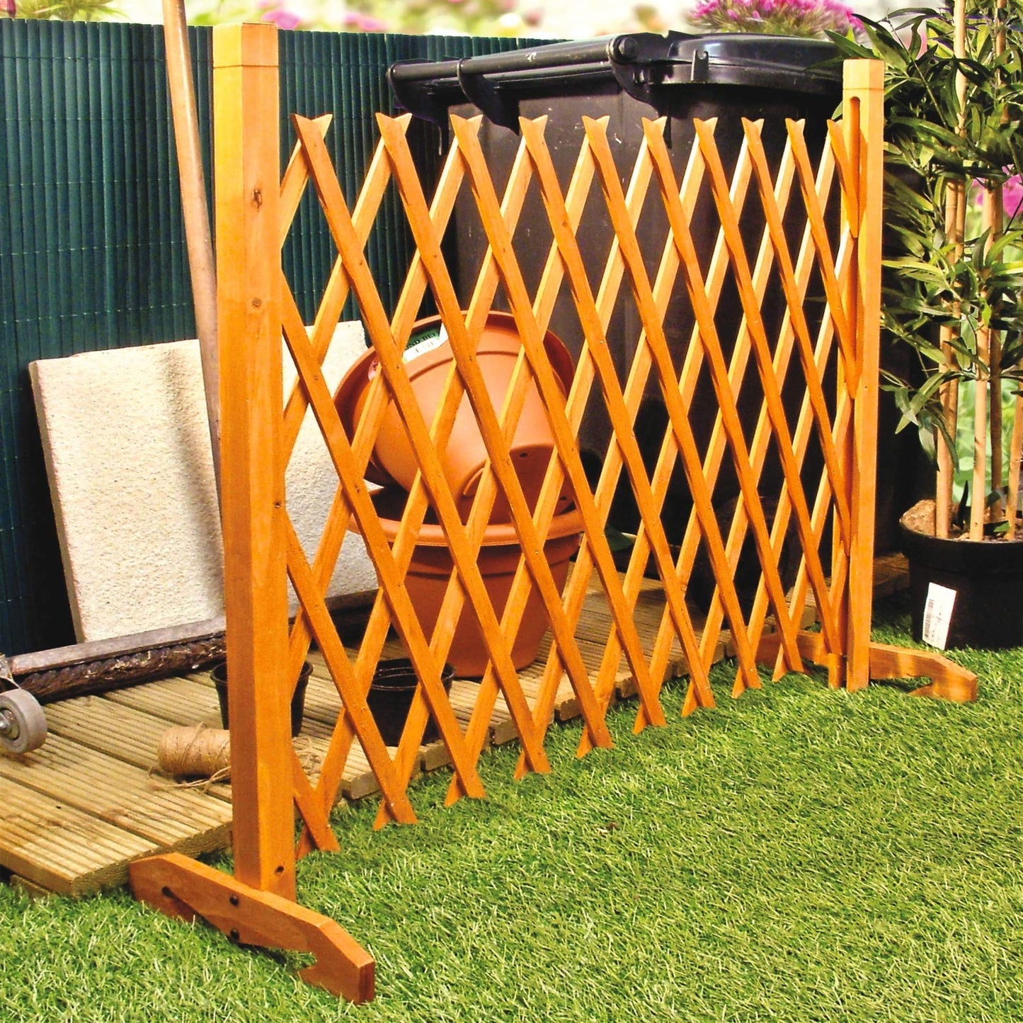 Expanding Garden Fence - Brown Wooden Decorative Lattice Screen Trellis Style Expands to 6'2" Freestanding Wood