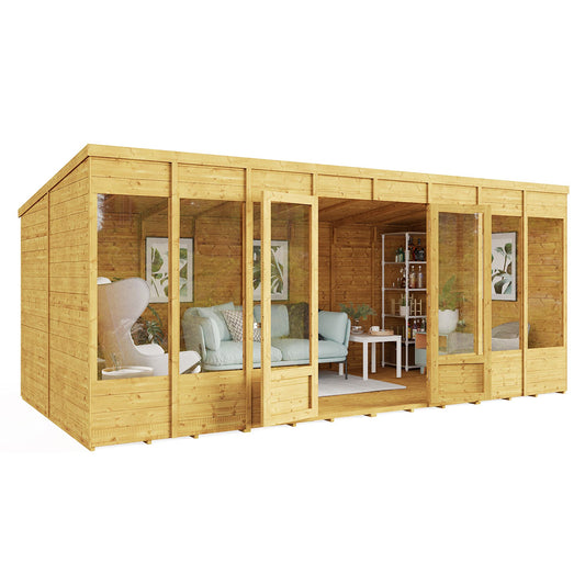BillyOh Bella 16 x 8 Summer House Shed, Modern Pent Roof Log Cabin | Spray Treated - Garden Room with Wide Double Doors, Tongue and Groove Construction | Versatile Tiny Home or Garden Office