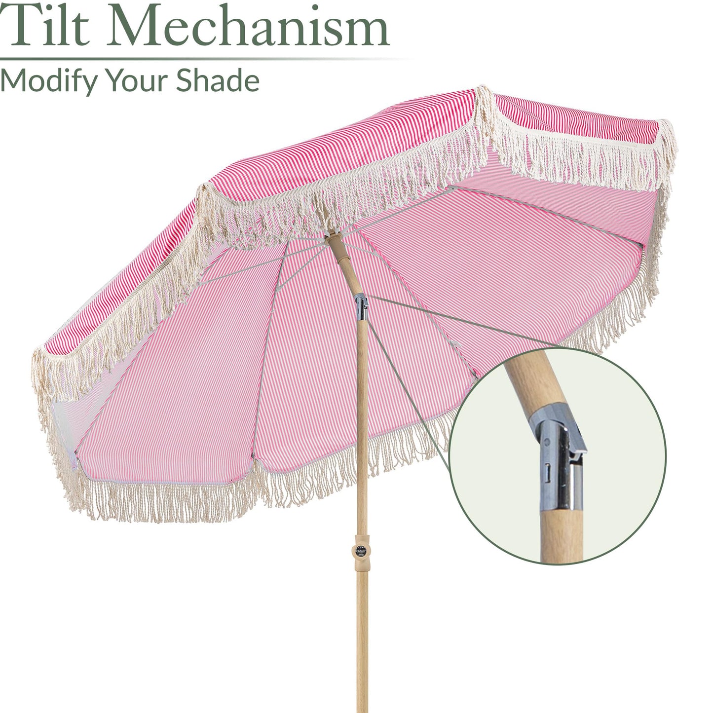 CHRISTOW Portable Garden Parasol with Tilt, 2m Cotton Tassel Beach Umbrella, Outdoor Patio Sunshade, Tilting Canopy, Wood Effect Steel Pole, UV50- Sun Protection, Water Resistant, Bag (Pink Stripes)
