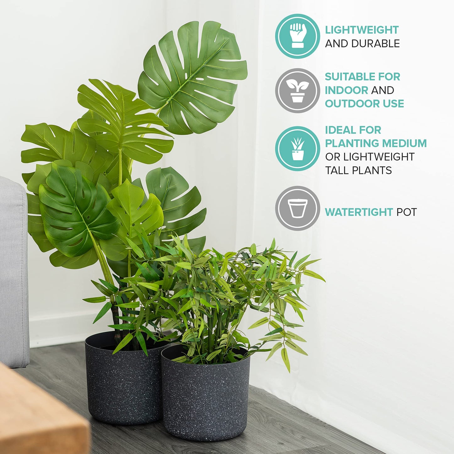 LIVIVO 22CM Round Plastic Flowerpot Plant Pot with Speckled Sandstone Effect for Indoor & Outdoor use including Kitchen Living Room Hallway Garden Patio Entrance Balcony Window - SET OF 2 (Grey)