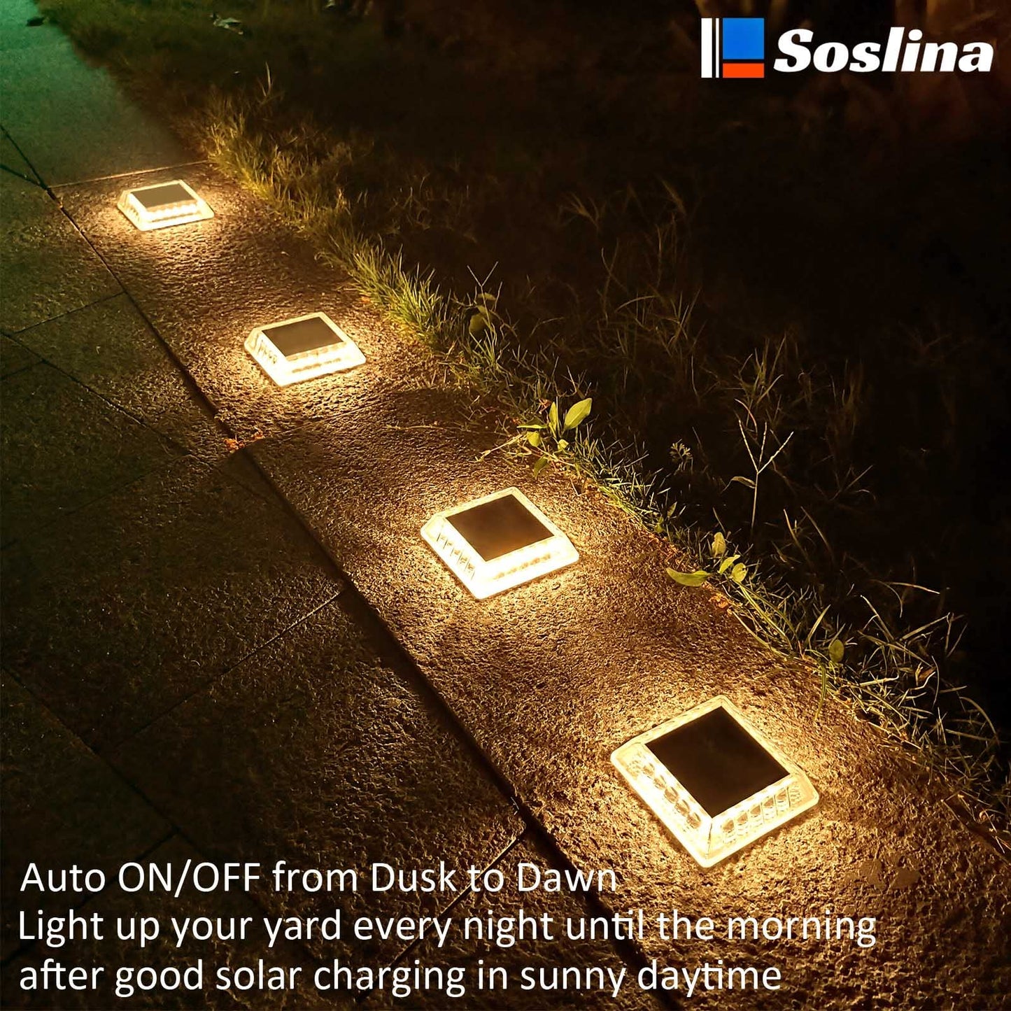 Soslina Solar Decking Lights, Solar Ground Lights Outdoor Garden, Solar Powered Step Lights Waterproof, Solar Lights for Garden Sidewalk Runway Fence Patio Pathway Driveway Dock, Warm White, 4 Pack