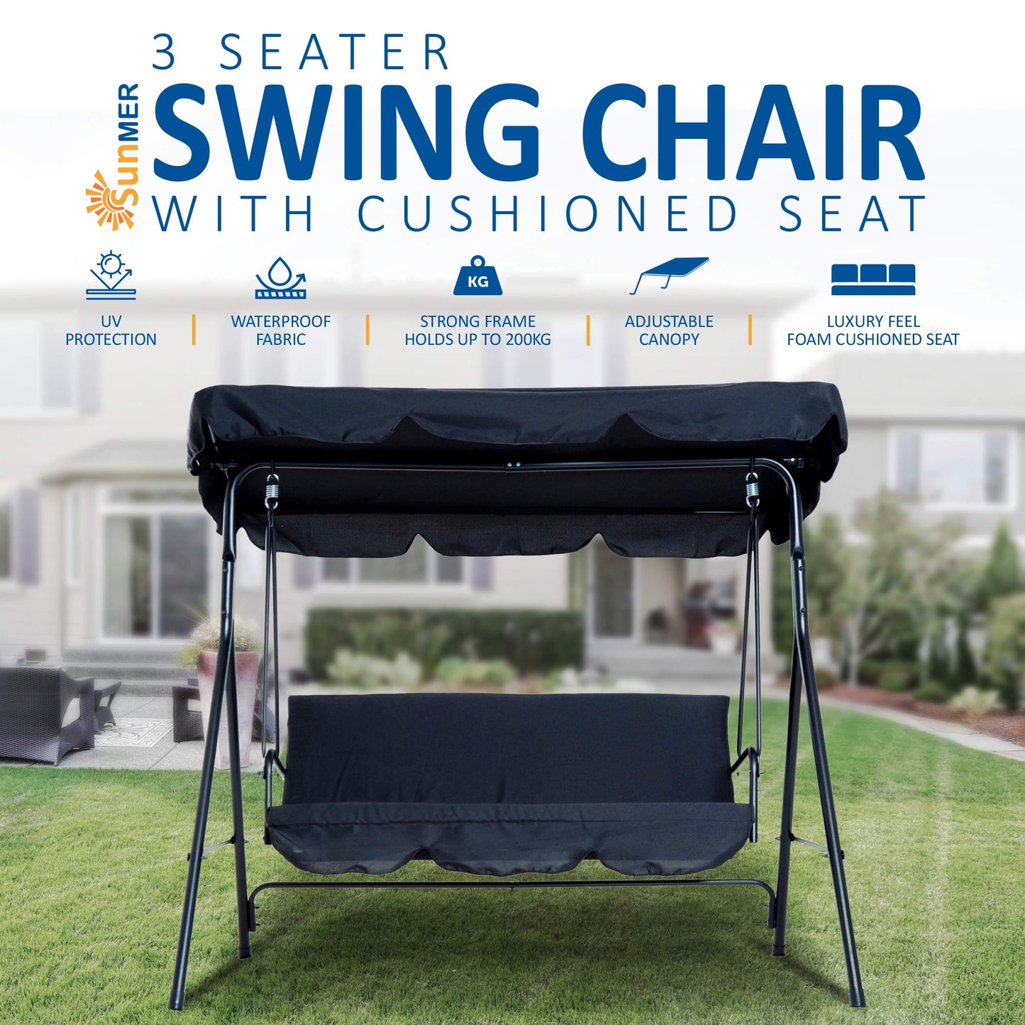 SUNMER Swing 3 Seater With Detachable Canopy, Garden Swing Cushioned Seat, Waterproof Fabric, UV Protection, Made With Strong Powder Coated Steel Frame - Black