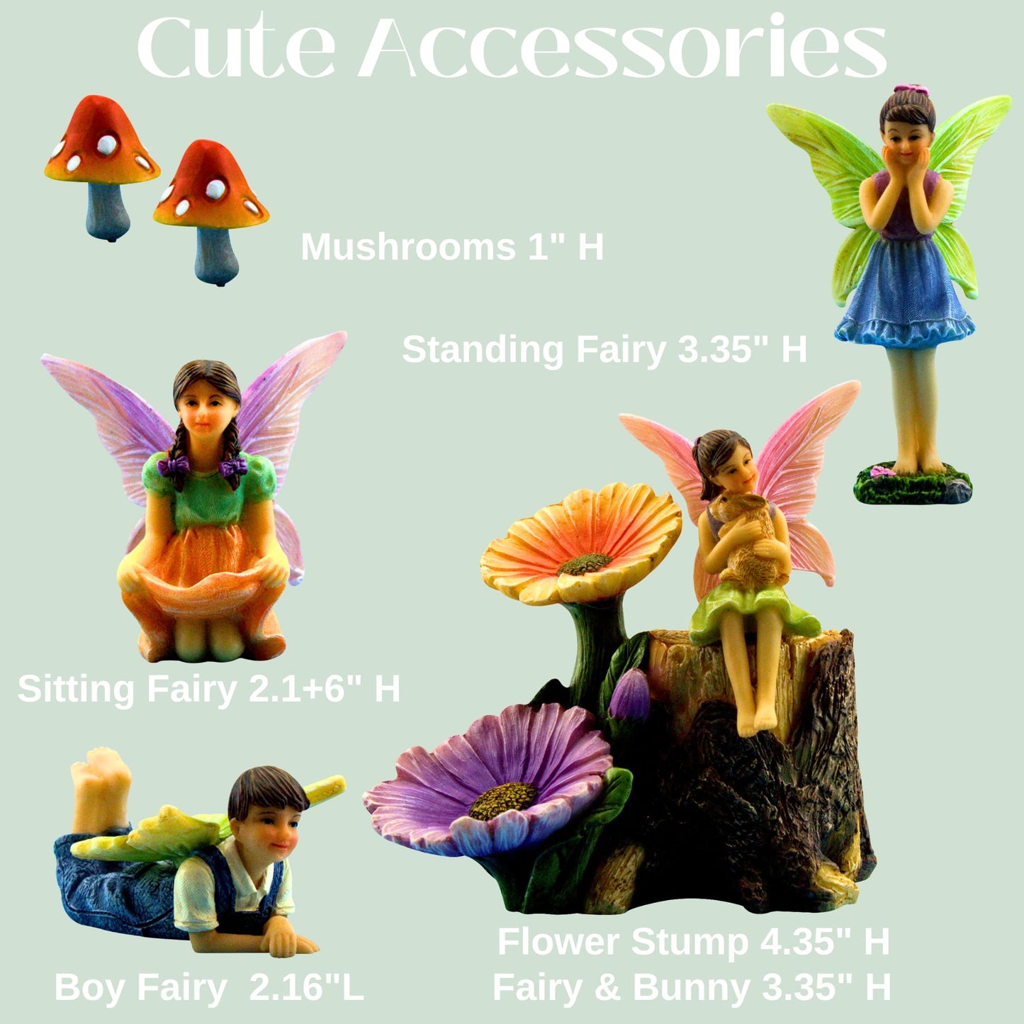 PRETMANNS Fairy Figures with Accessories for an Outdoor Miniature Garden – A Colourful Resin 7-Piece Ornament Set – An for any Season