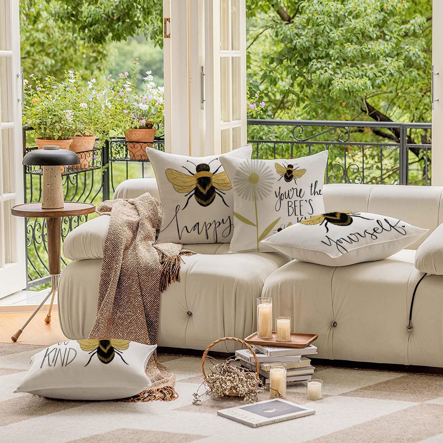 KUNQIAN Bee Cushions Cover Outdoor Waterproof Cushions Yellow Bee Pillow Covers Set of 4 Home Decorative for Sofa Linen Square Outside Office 18x18 Inch 45x45cm