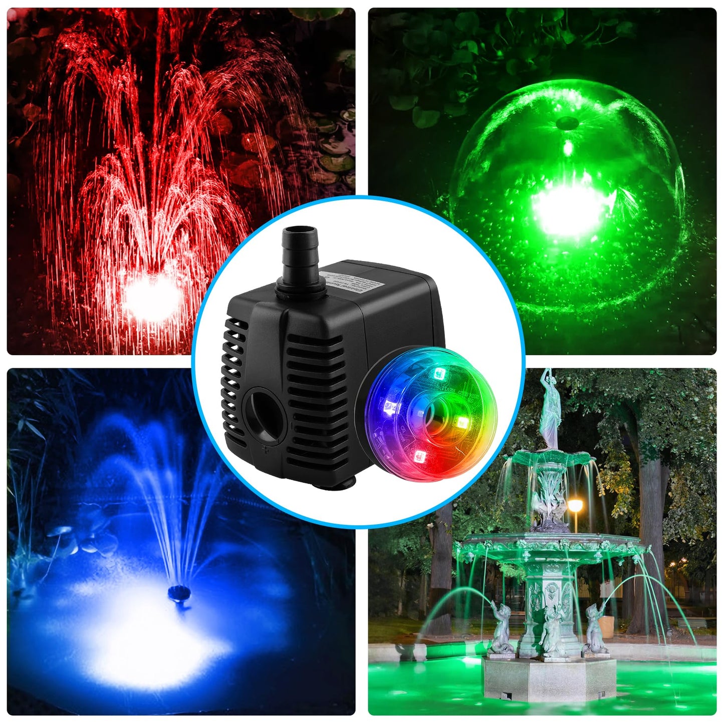 NATPOW Mini Submersible Water Pump, 800L/H Fountain Pump with 3 Colorful LED Lights, Pond Pumps with Mushroom and Blossom Spray Head for Aquarium Fish Tank, Outdoor Fountain, Water Feature