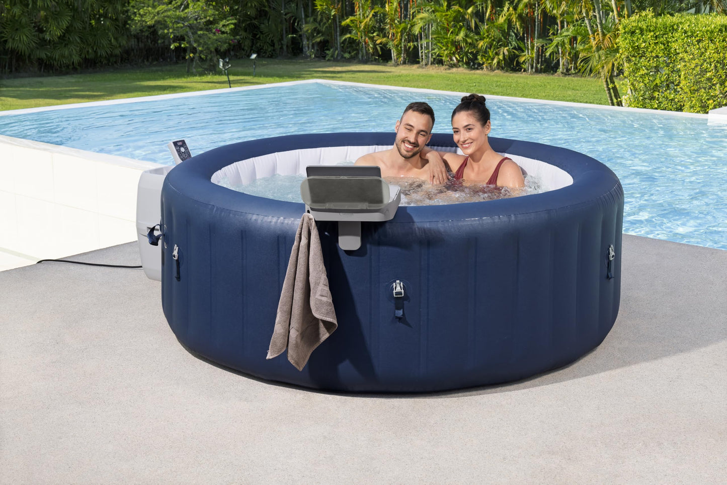 Bestway Lay-Z-Spa 4-in-1 Accessory Table for Hot Tubs, Side Tray for Tablet, Phone, Drinks and Snacks, Adjustable Universal Fit with Cup Holders, Grey