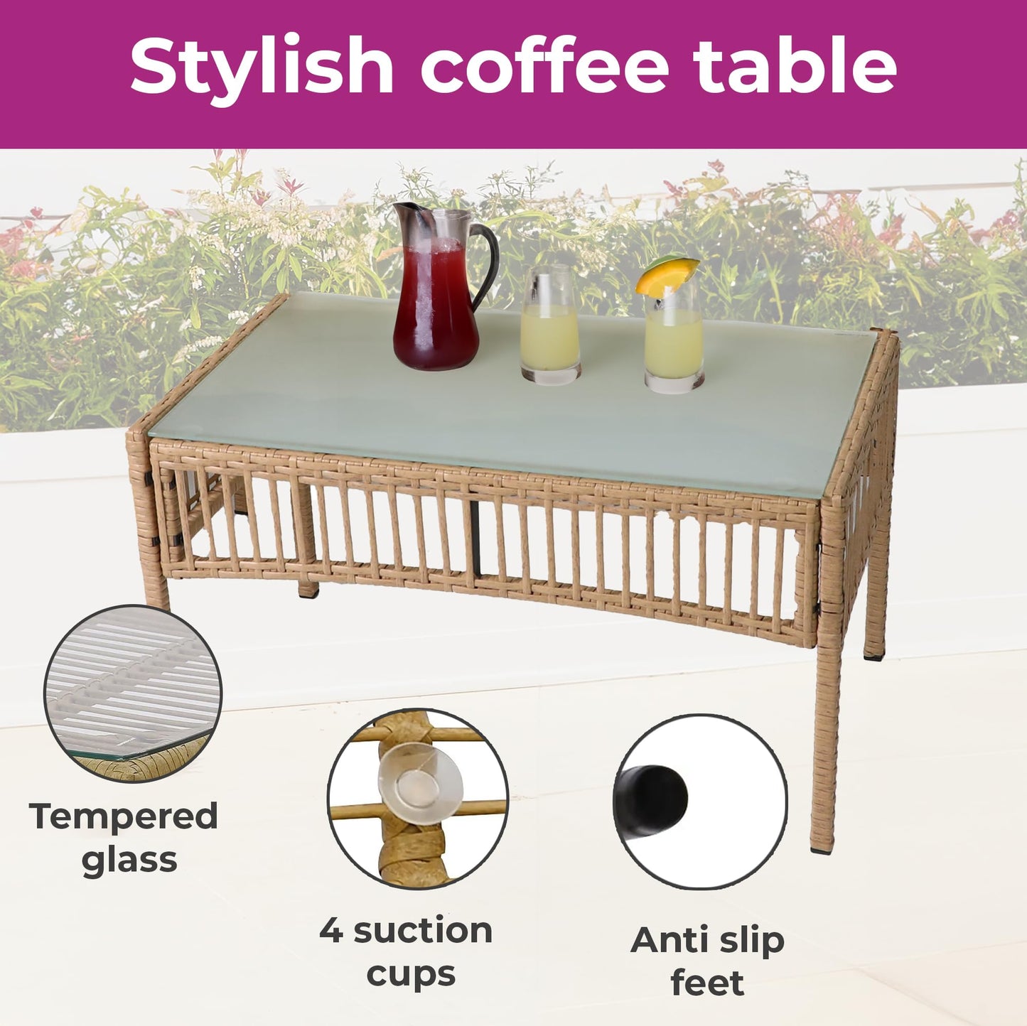 Neo 3 Piece Natural Rattan Wicker Rope Corner L Shaped Sofa Cushions Garden Patio Furniture Set Coffee Table