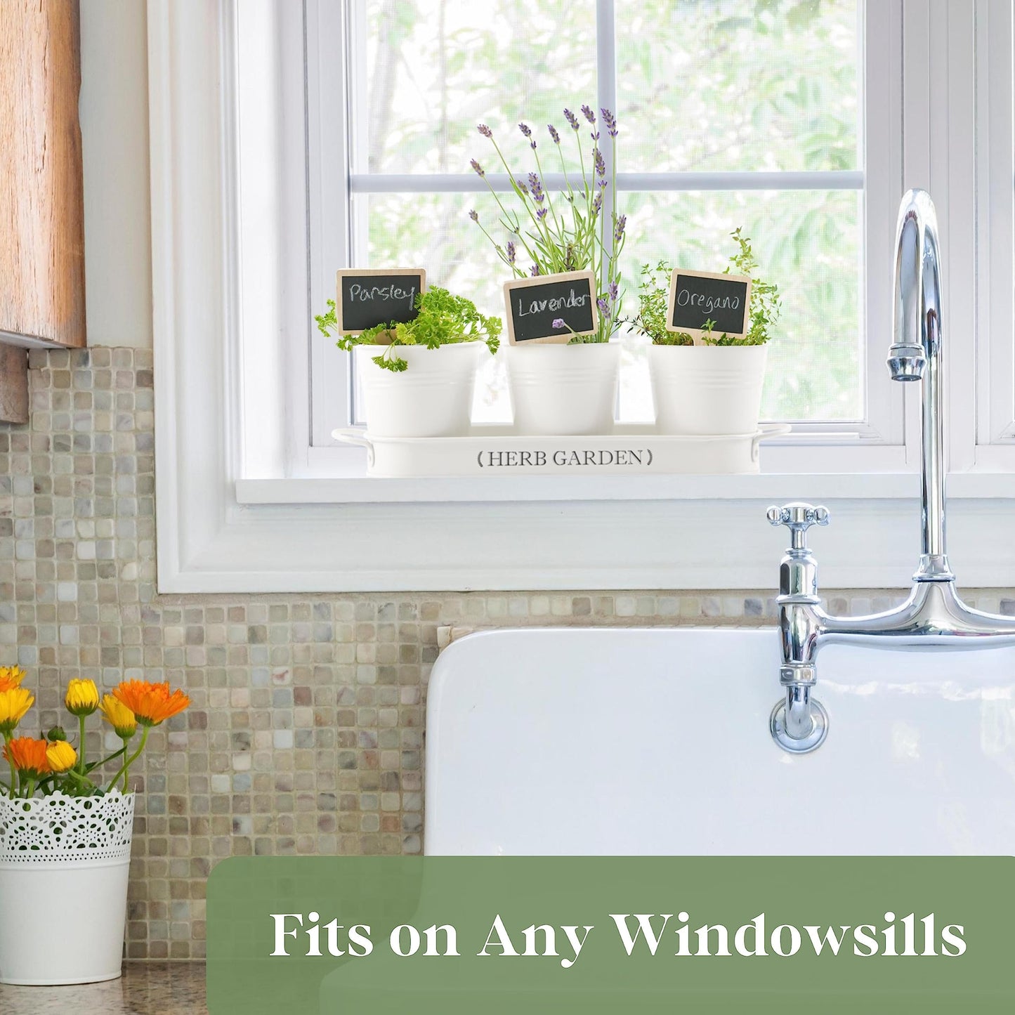 PERFNIQUE Farmhouse Herb Garden Kit, Indoor/Outdoor Herb Planter with Tray, Window Pots for Indoor/Outdoor Plants (Off White)