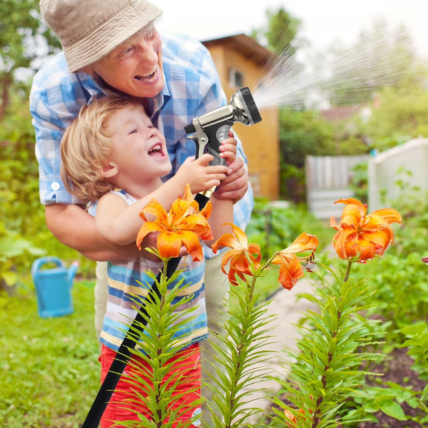 Upgraded Hose Pipe Spray Gun, Heavy Duty Metal Garden Hose Spray Gun,9 Adjustable Patterns Garden Hose Nozzles & Spray Gun, High Pressure Hose Nozzle (Black Gold Color)