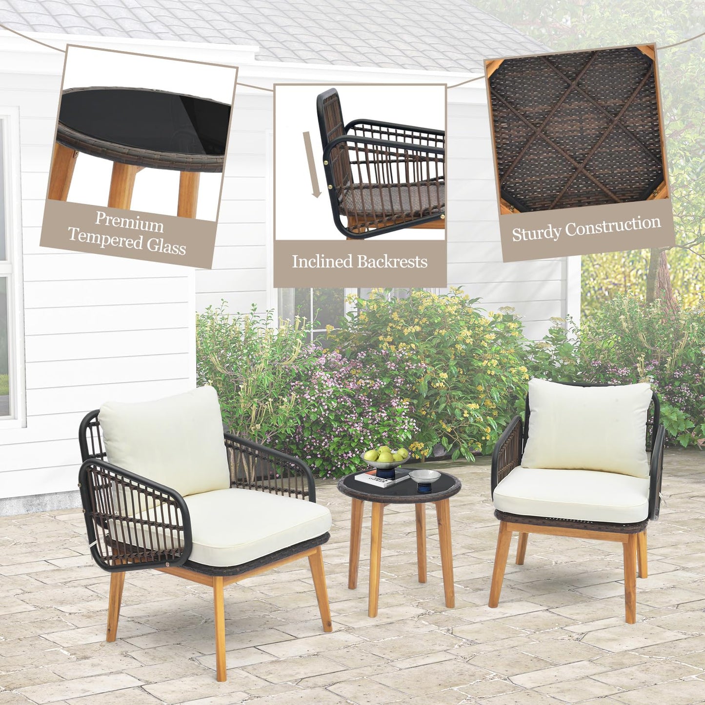 COSTWAY 3PCS Rattan Bistro Set, String Garden Furniture Set with 2 Armchairs, Glass Coffee Table, Cushions and Acacia Wood Legs, Outdoor Wicker Conversation Table Chair Set for Deck Yard Terrace