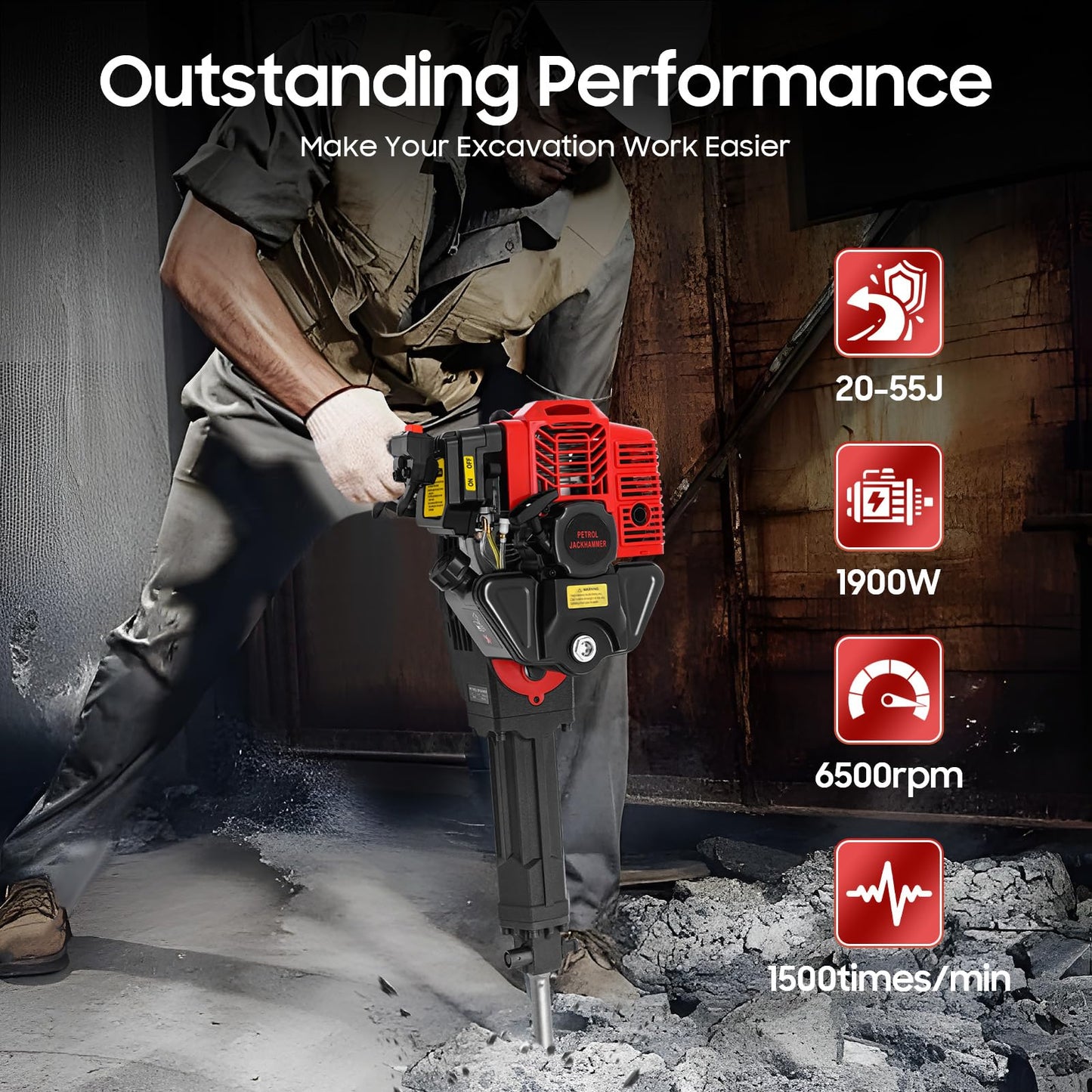 Petrol Garden Tree Digger,52cc 2 Stroke Excavator Digging Machine,1900w 6500r/min Post Hole Digger mit Wide Shovel&Pointed Pickaxe&Flat Pickaxe,Handheld Trencher Digger Machine for Garden and Farm