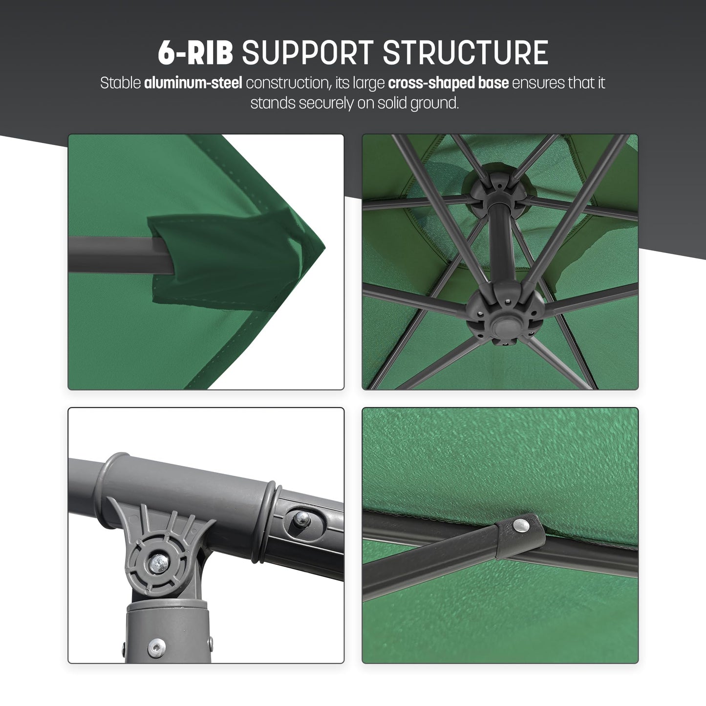 KEPLIN 3M Cantilever Garden Parasol, Garden Umbrella with Crank Handle & Cover, UV Protection, Water-Repellent Polyester, Powder-Coated Pole, 6 Ribs Garden Parasol and Base, Sturdy Cross Base, Green