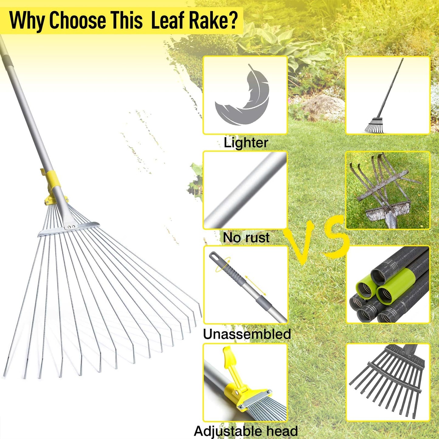 Jardineer 160cm Garden Leaf Rake, Telescopic Leaf Rake for Gardening, Garden Rake for Leaves Among Plants, Lawns and Yards. Adjustable Lawn Rake Head from 22cm to 59cm