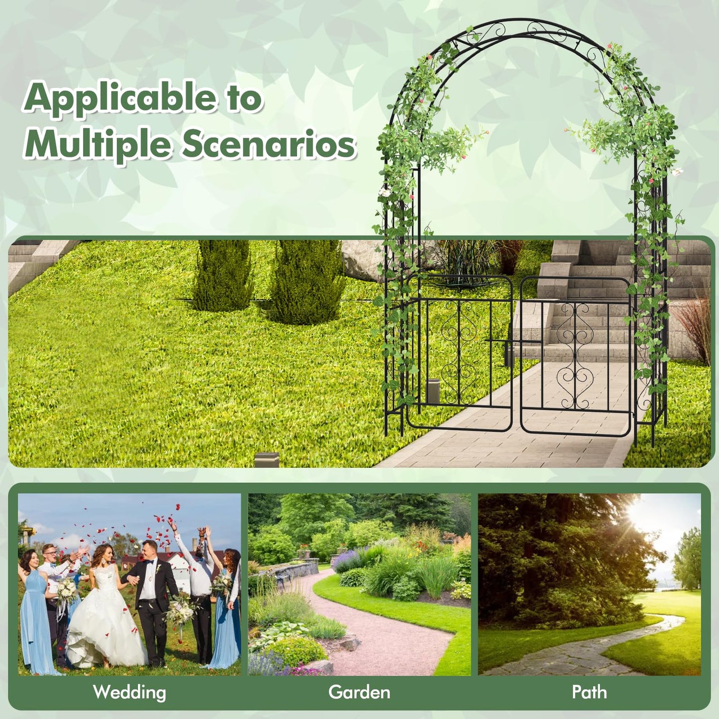 TANGZON Garden Arbor, Metal Arch Arched Top Arbor Trellis with Lockable Gate, Heavy-Duty Trellis Archway for Climbing Plants Grape Vines Wedding Ceremony (with multiple side crossbars,136x58x213cm)