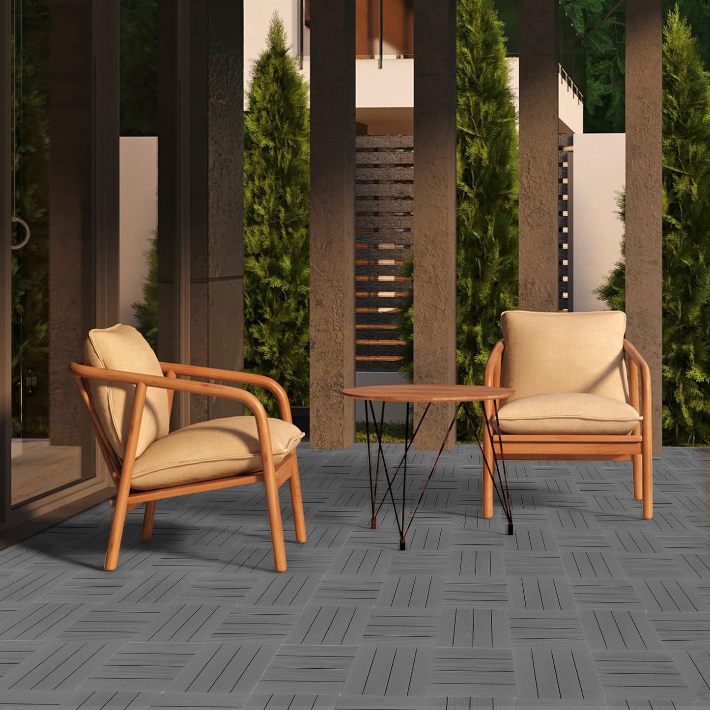 Bonnlo Composite Garden Decking Tiles, 27 Pcs Plastic Outdoor Flooring, 30x30cm Patio Paving Slabs Decking Squares Indoor & Outdoor Grey (Dark Grey)