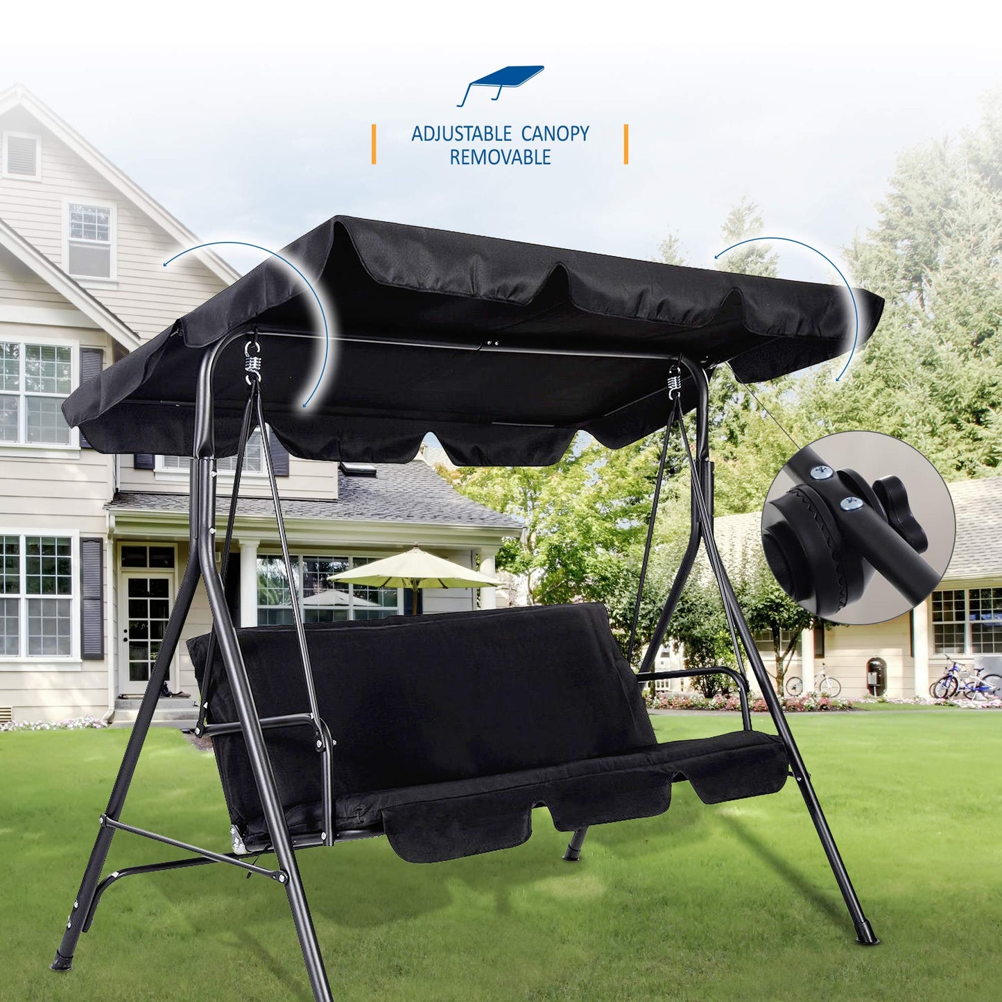 SUNMER Swing 3 Seater With Detachable Canopy, Garden Swing Cushioned Seat, Waterproof Fabric, UV Protection, Made With Strong Powder Coated Steel Frame - Black