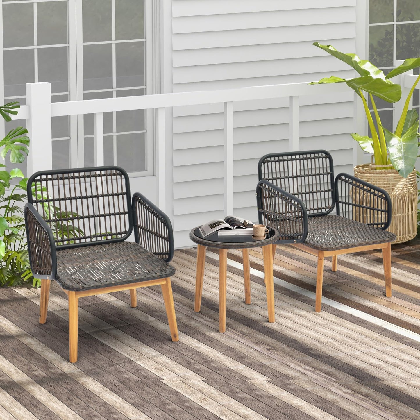 COSTWAY 3PCS Rattan Bistro Set, String Garden Furniture Set with 2 Armchairs, Glass Coffee Table, Cushions and Acacia Wood Legs, Outdoor Wicker Conversation Table Chair Set for Deck Yard Terrace
