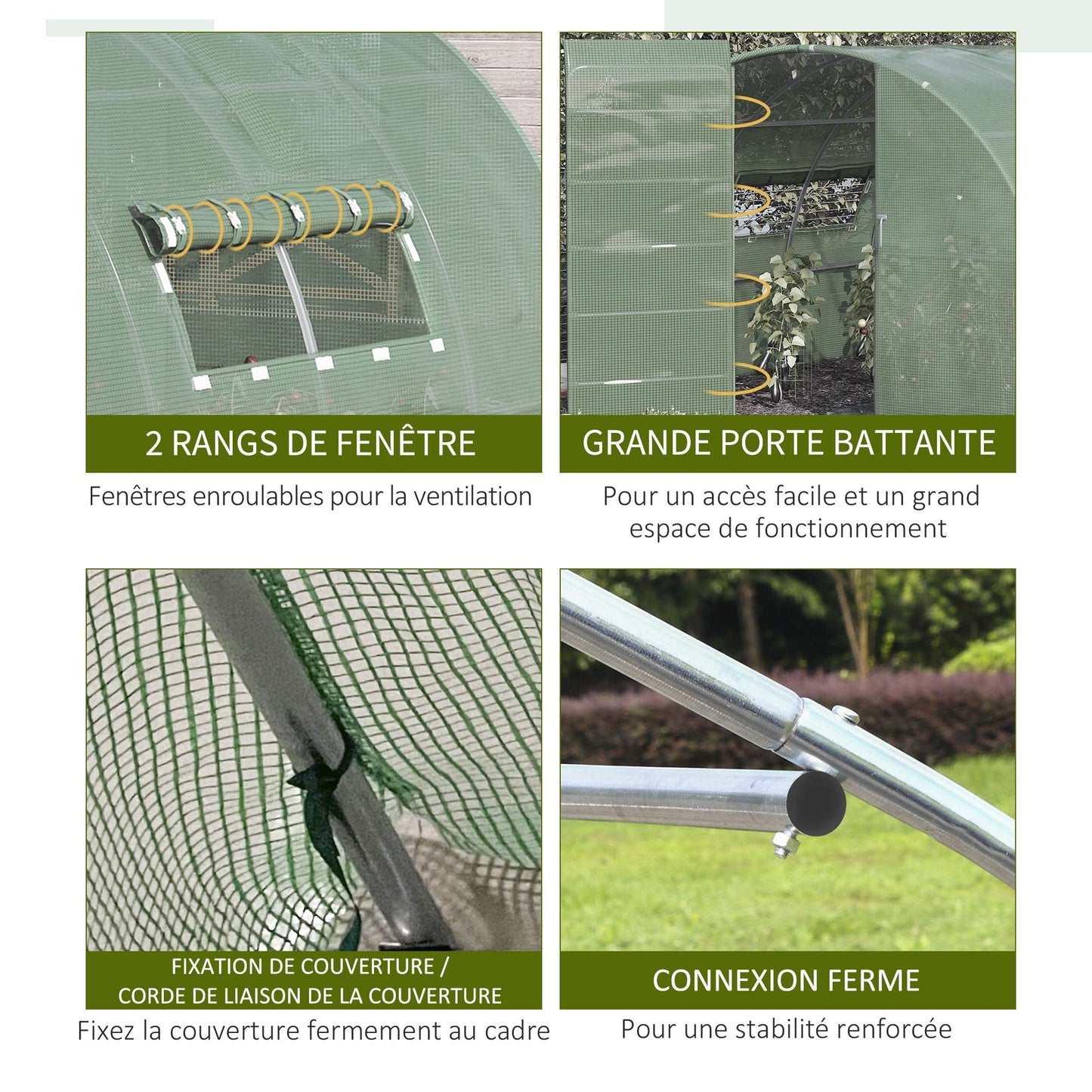 Outsunny Large Polytunnel Walk In Greenhouse, Plant Gardening Tunnel Green House with Metal Hinged Door, Galvanised Steel Frame & Mesh Windows, Green (3 x 4 m)