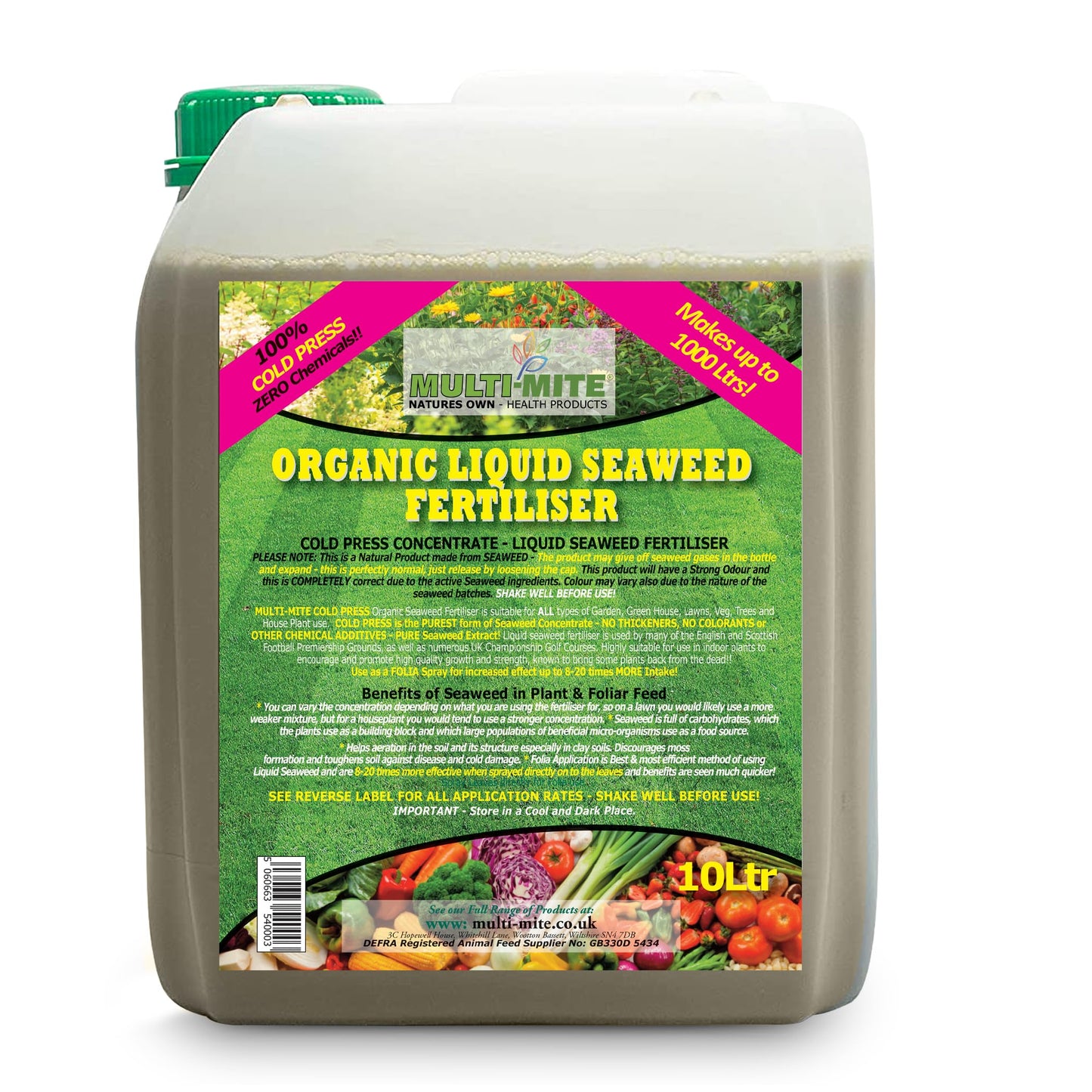 Multi-Mite 10 Ltr Liquid Seaweed – 100% Natural & Organic Concentrate Cold Pressed Plant Feed & Soil Fertiliser, Trees Lawn Veg & House Plants Root or Foliar Feeding