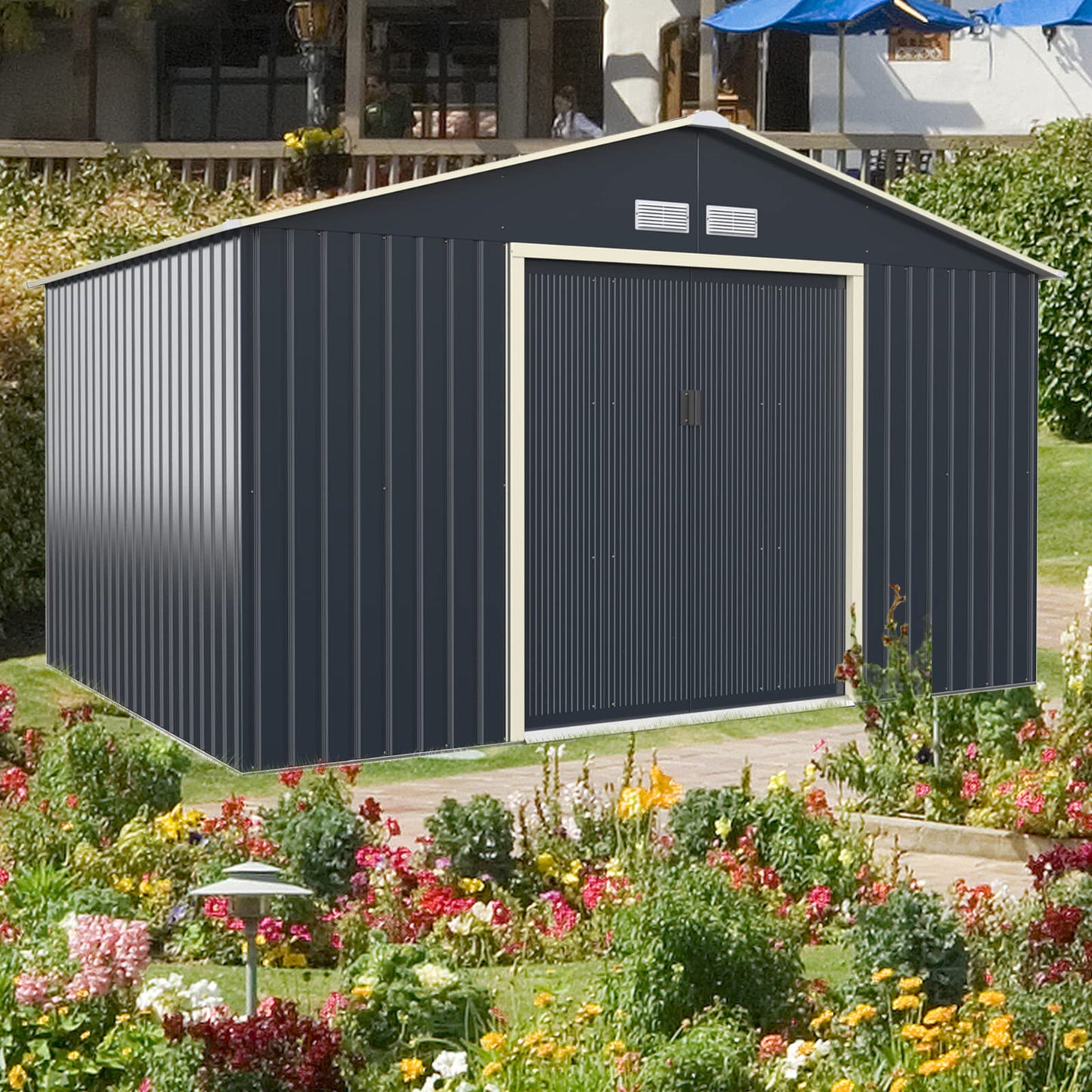 GiantexUK 7x4FT/9x6FT/9x8FT/11x8FT Metal Garden Shed, Outdoor Galvanized Storage House with 2/4 Vents & Lockable Sliding Doors, Slope Roof Utility Shed Building (11x8FT, 4 Vents)